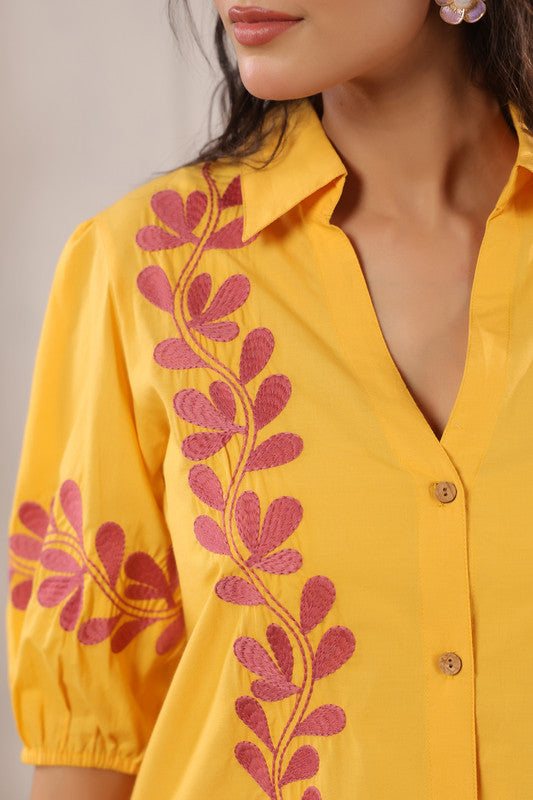 Mustard Yellow Ethnic Printed Cotton Co-ord Set with Half Puff Sleeves