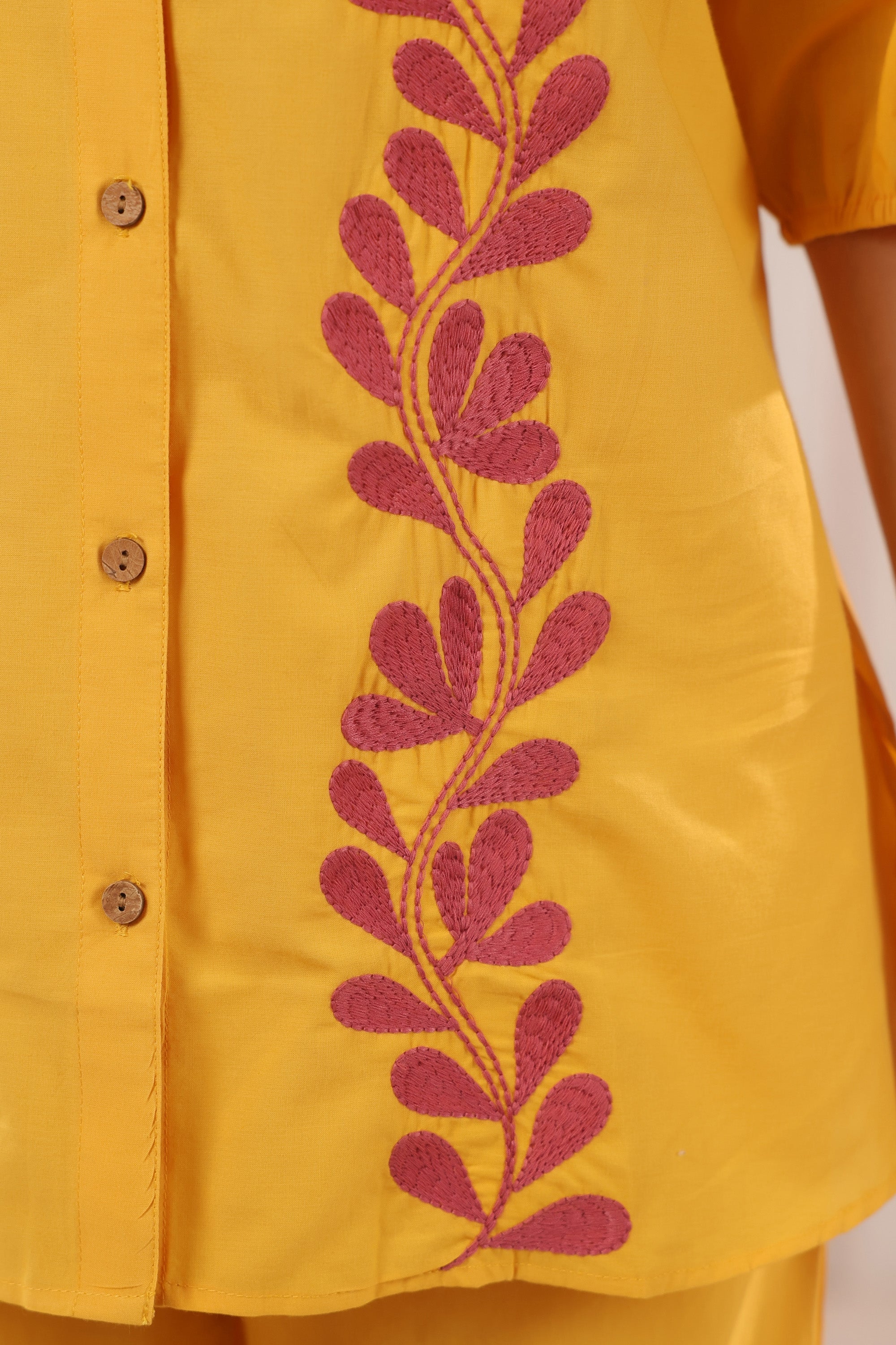 Mustard Yellow Ethnic Embroidered Cotton Co-ord Set with Half Puff Sleeves