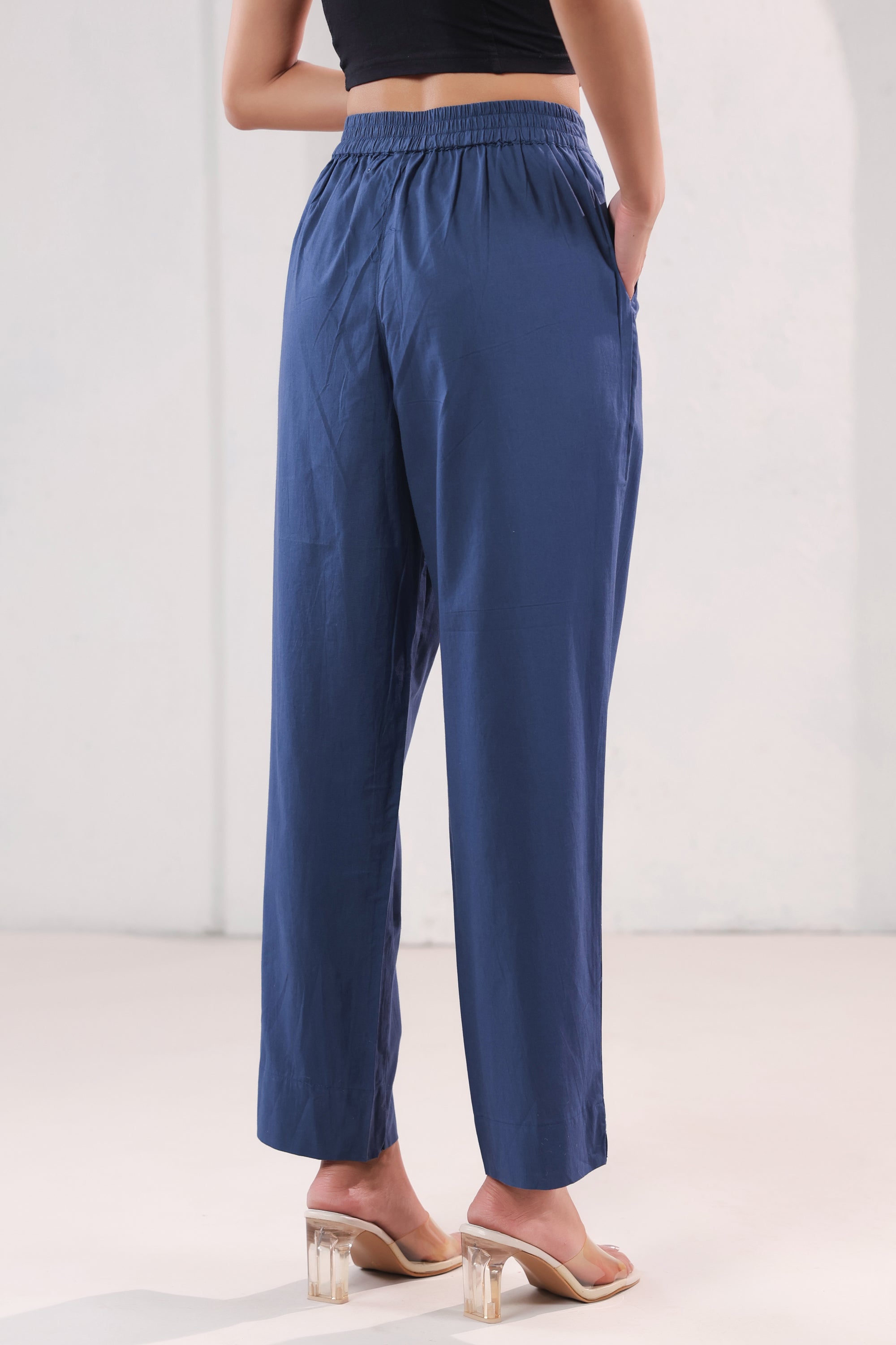 High Rise Blue Solid Straight Fit Cotton Pants