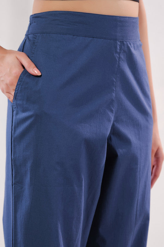 High Rise Blue Solid Straight Fit Cotton Pants