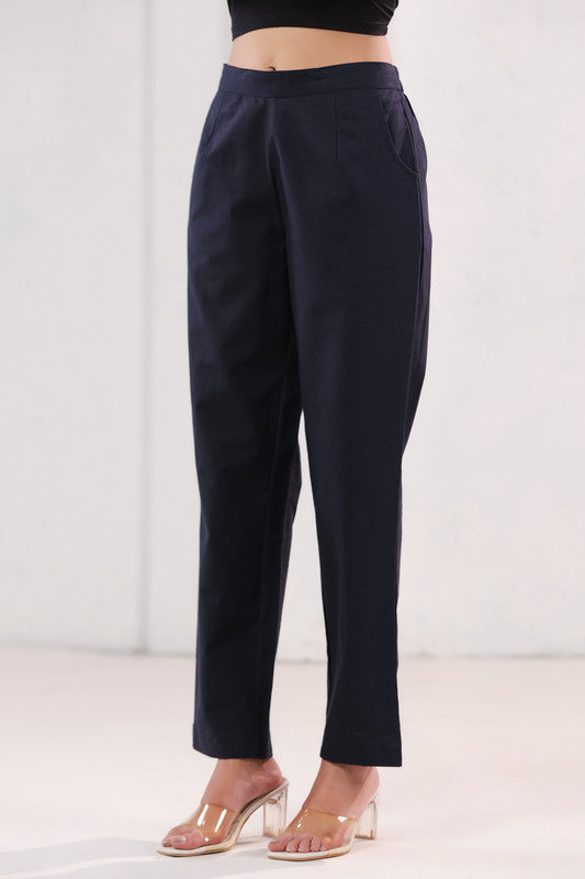 Smart Fit Navy Blue Straight Fit Formal Cotton Pants