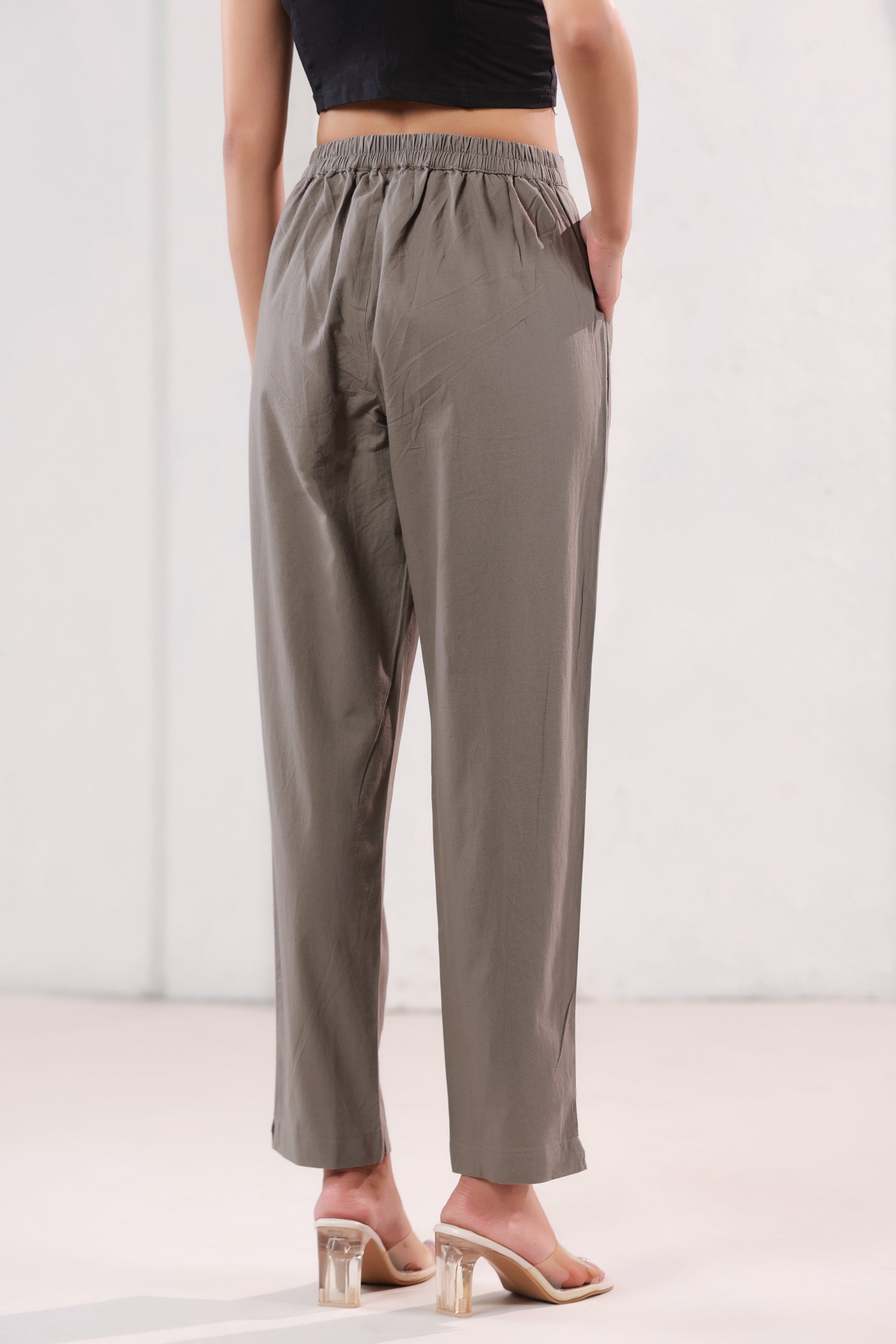 Elegant Solid Brown High Waist Straight Fit Cotton Pants