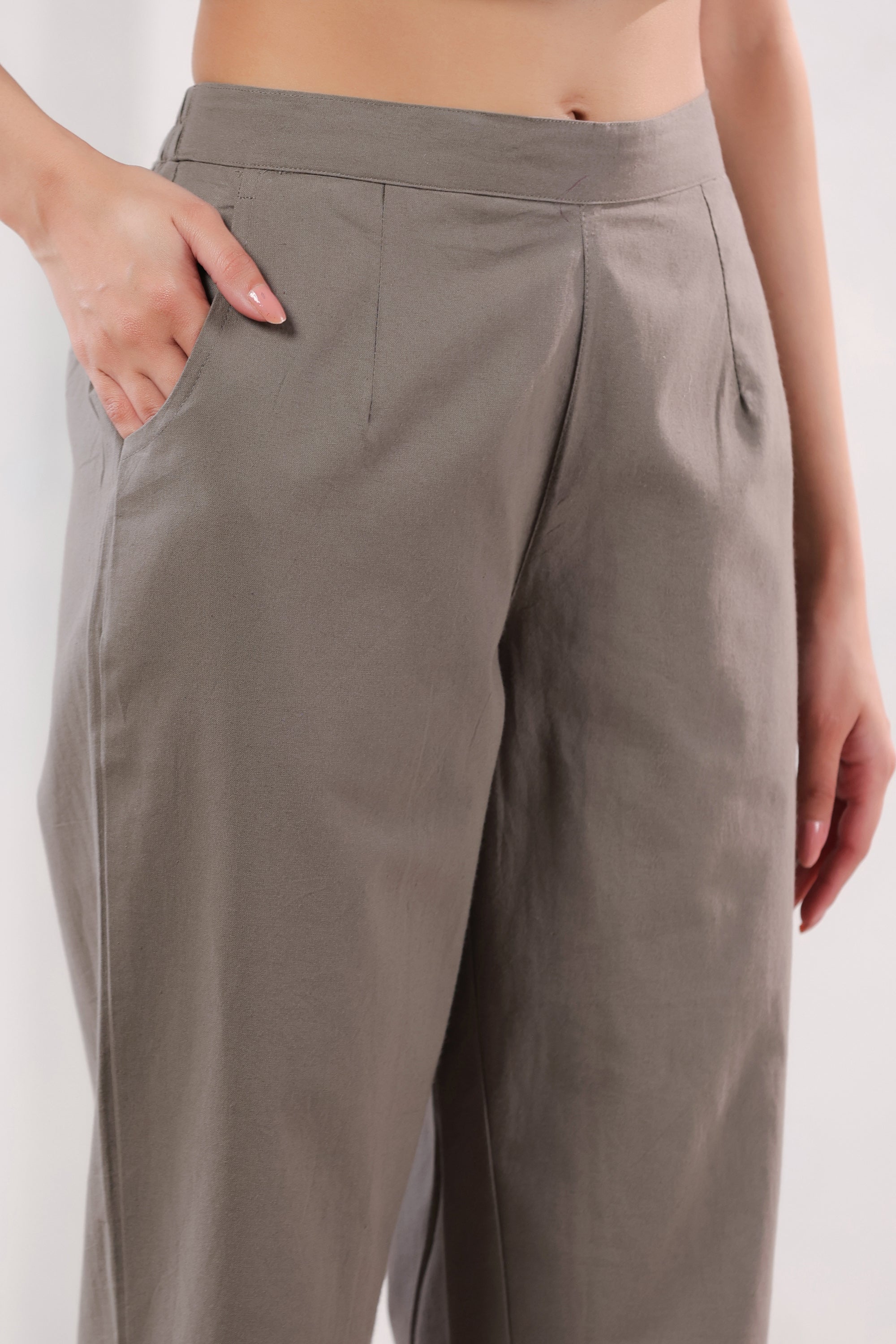 Elegant Solid Brown High Waist Straight Fit Cotton Pants