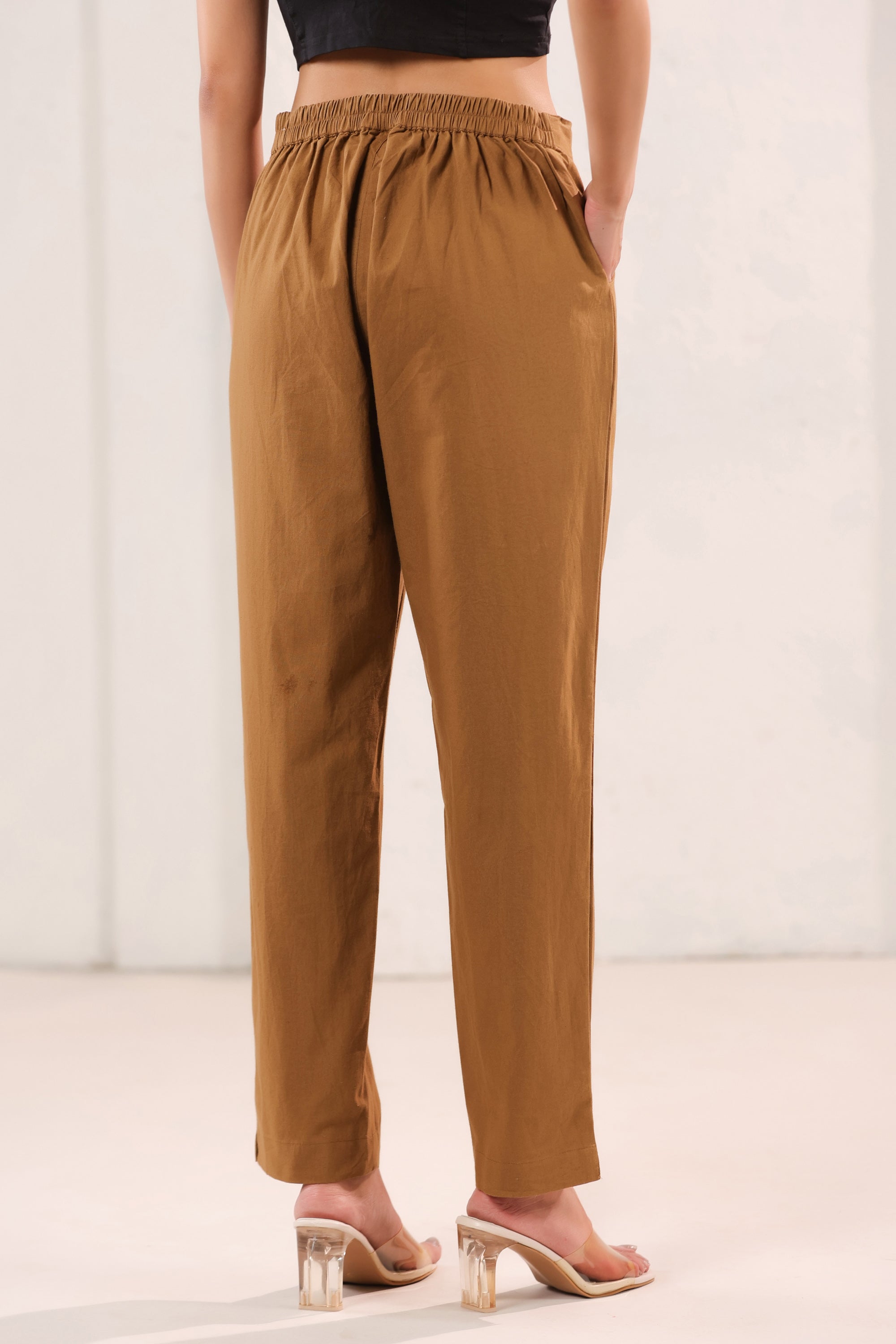 Solid Mustard Brown High Waist Straight Fit Cotton Pants
