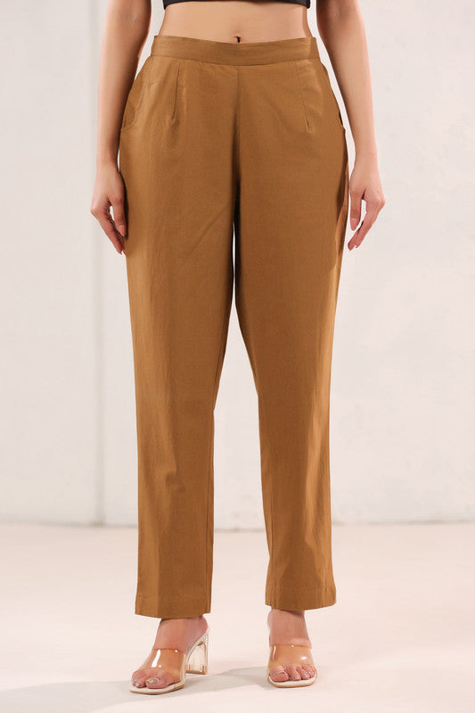 Solid Mustard Brown High Waist Straight Fit Cotton Pants