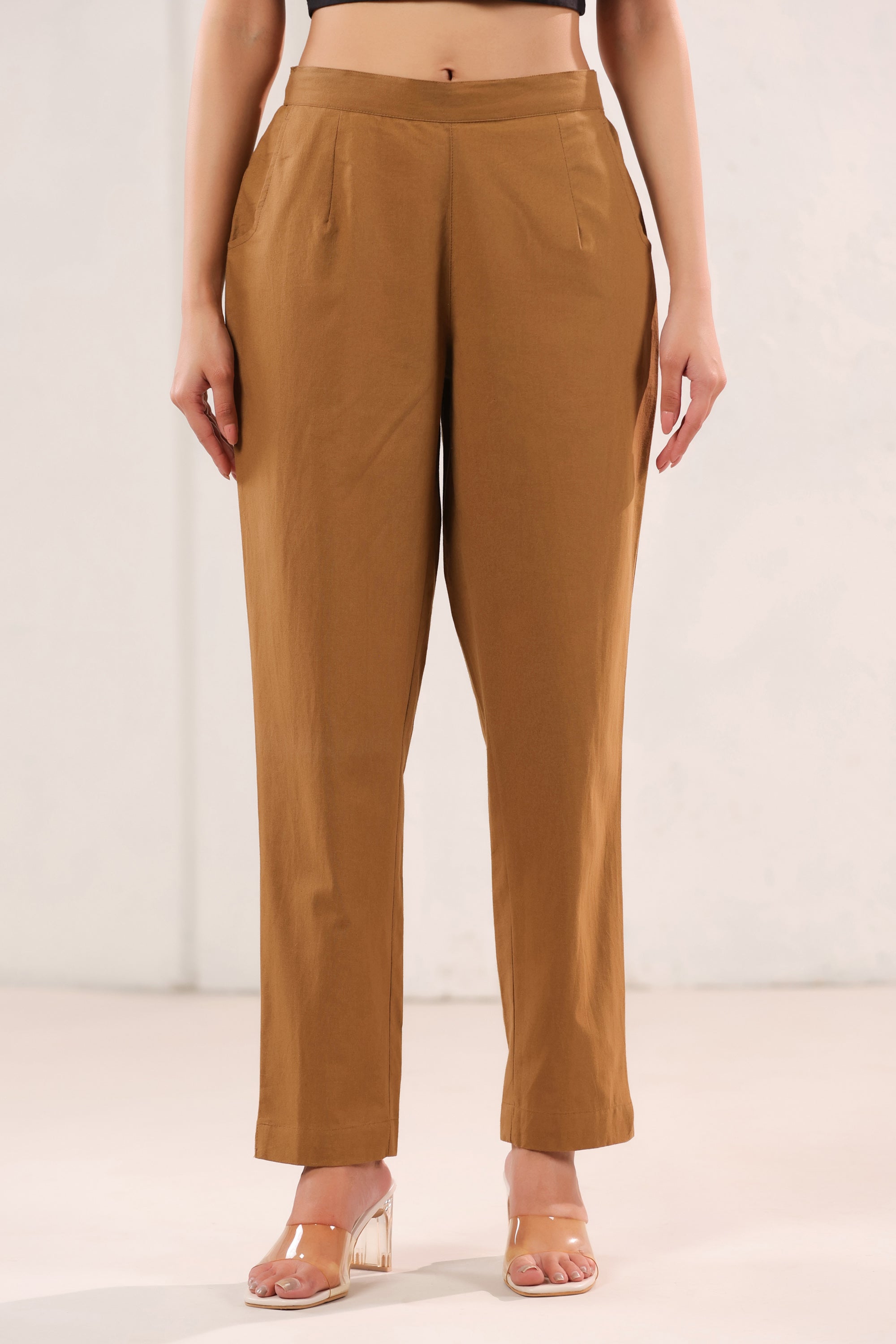Solid Mustard Brown High Waist Straight Fit Cotton Pants