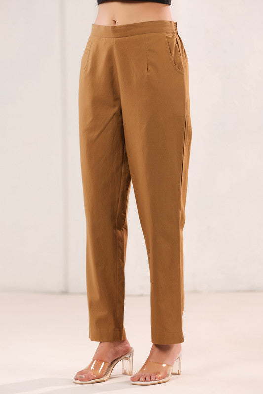 Solid Mustard Brown High Waist Straight Fit Cotton Pants