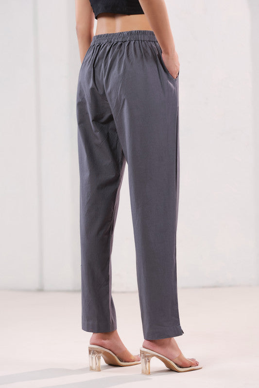 Elegant Solid Grey Ankle Length Straight Cotton Pants