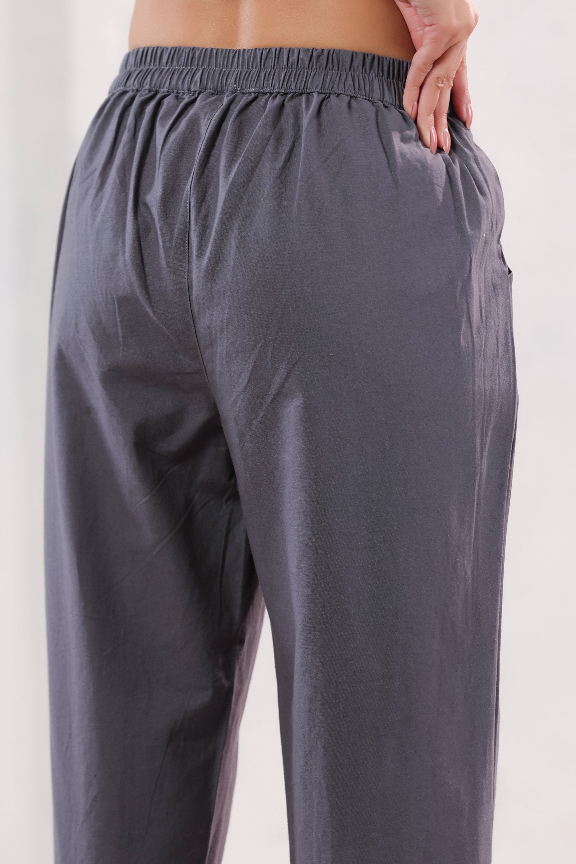 Elegant Solid Grey Ankle Length Straight Cotton Pants