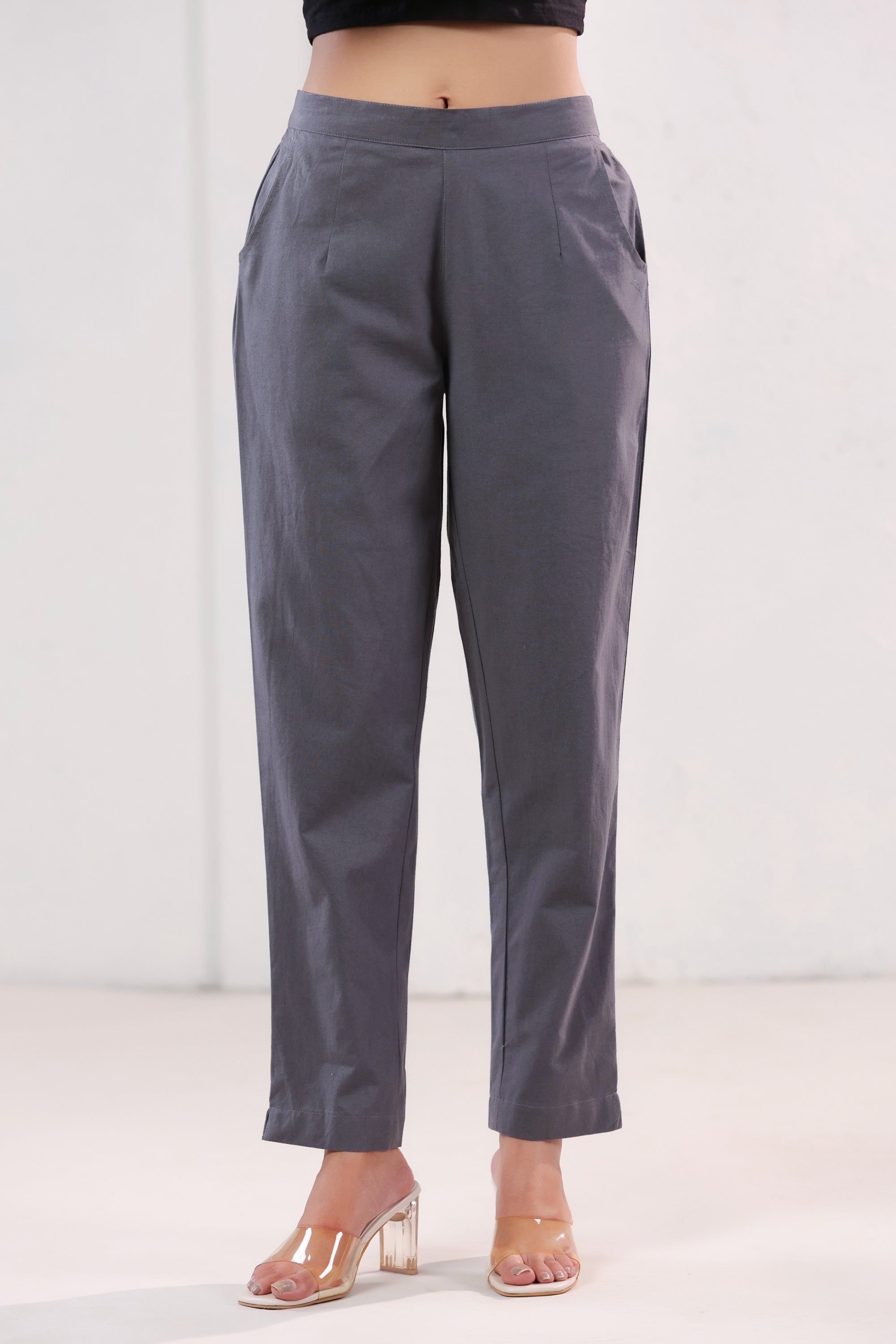 Elegant Solid Grey Ankle Length Straight Cotton Pants