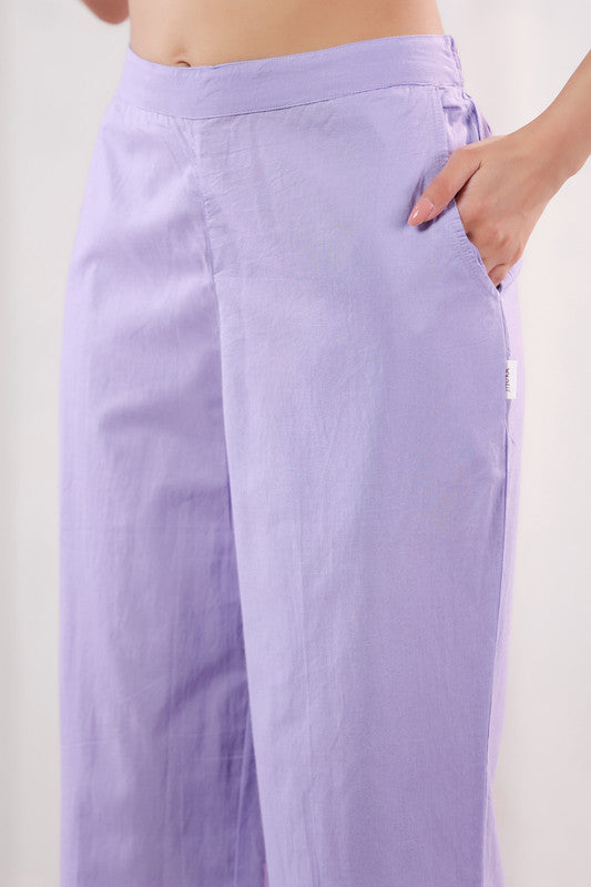 Solid Lavender High Waist Wide Leg Relaxed Fit Cotton Pants