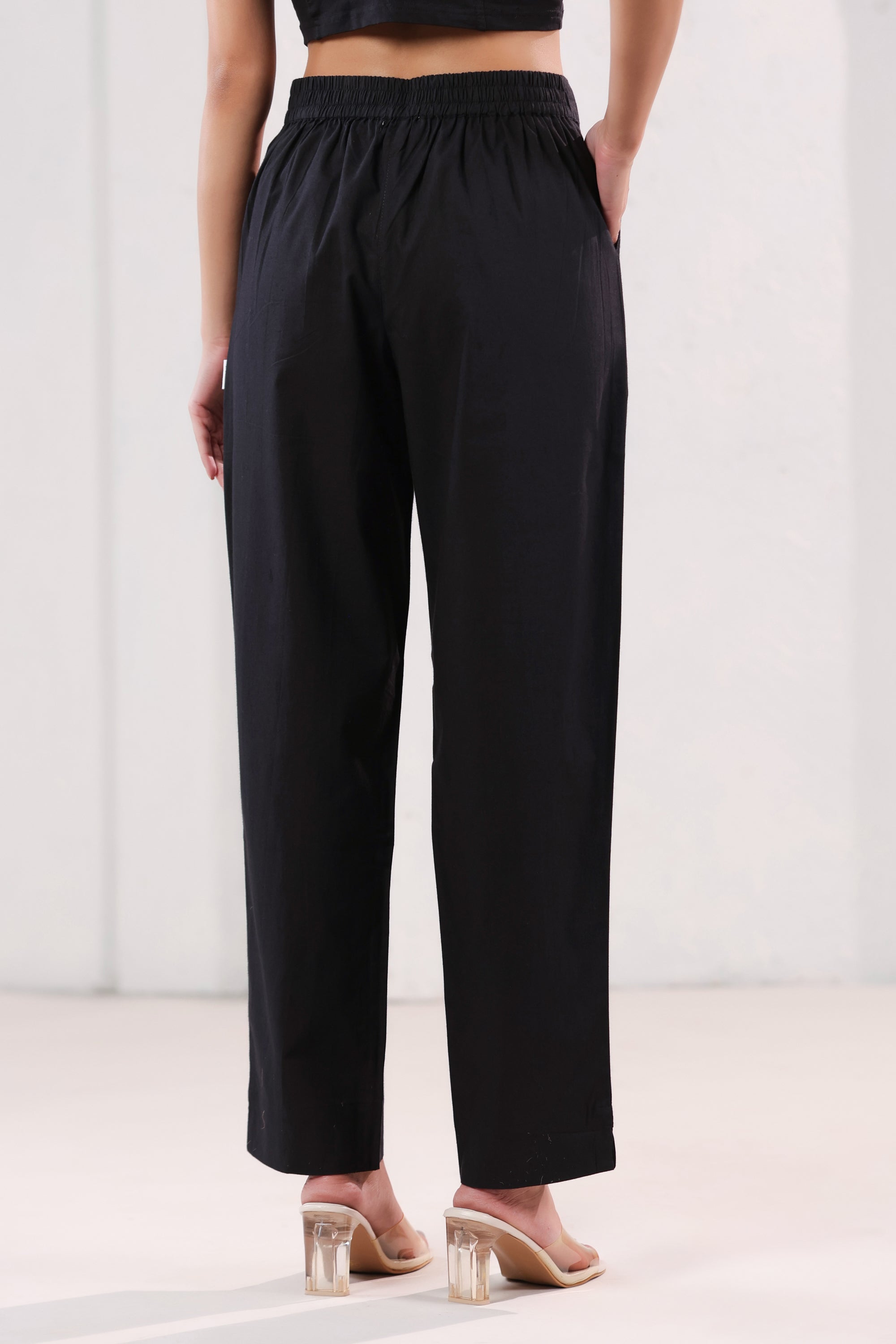 Solid Black Straight Ankle Length Cotton Pants