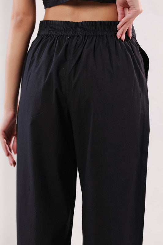 Solid Black Straight Ankle Length Cotton Pants