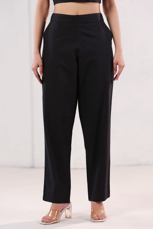 Solid Black Straight Ankle Length Cotton Pants