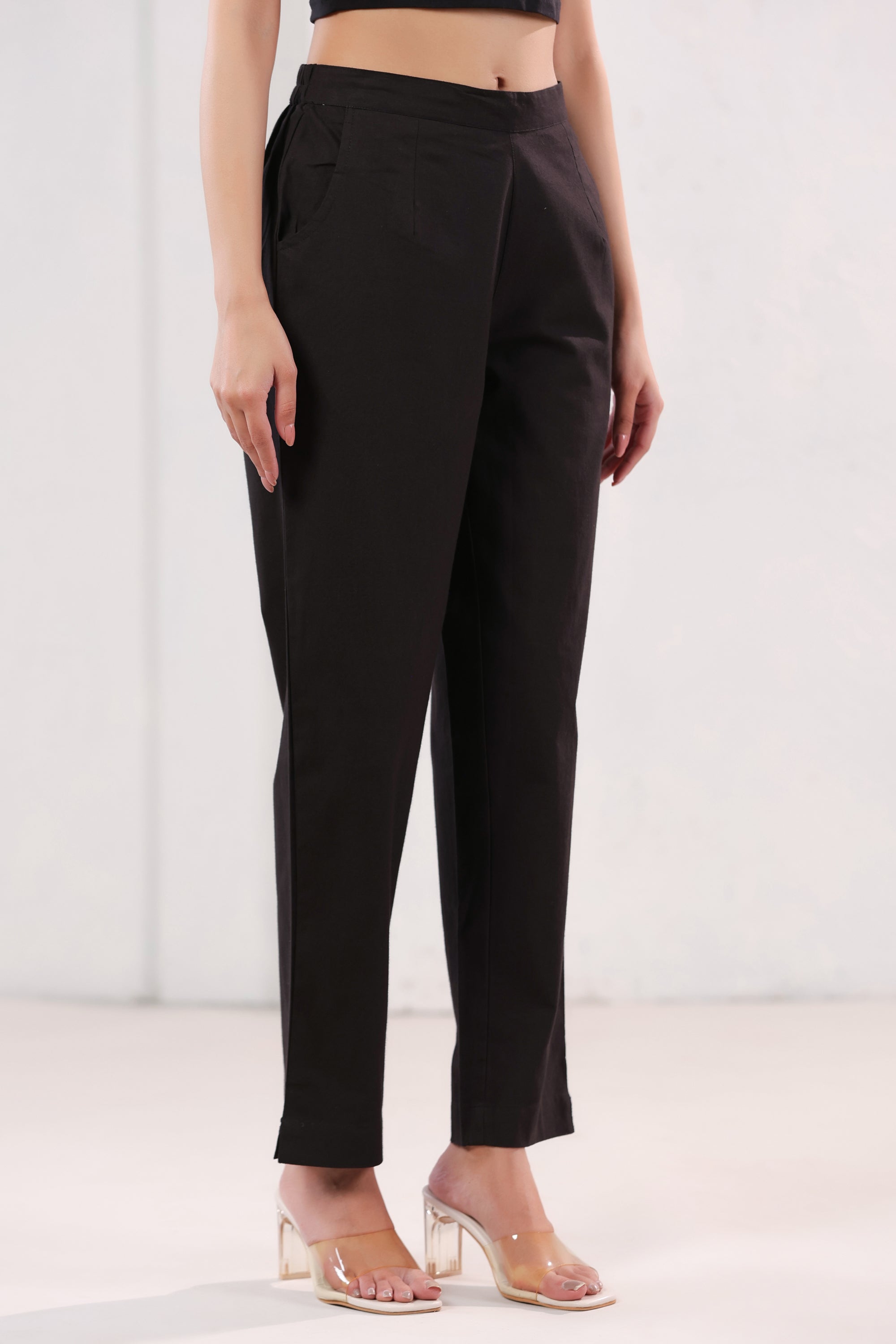 Classic Solid Dark Brown Ankle Length Cotton Pants