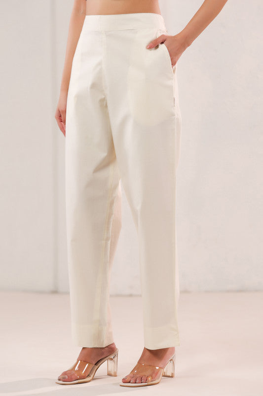 Solid Off-White High Waist Straight Fit Cotton Pants