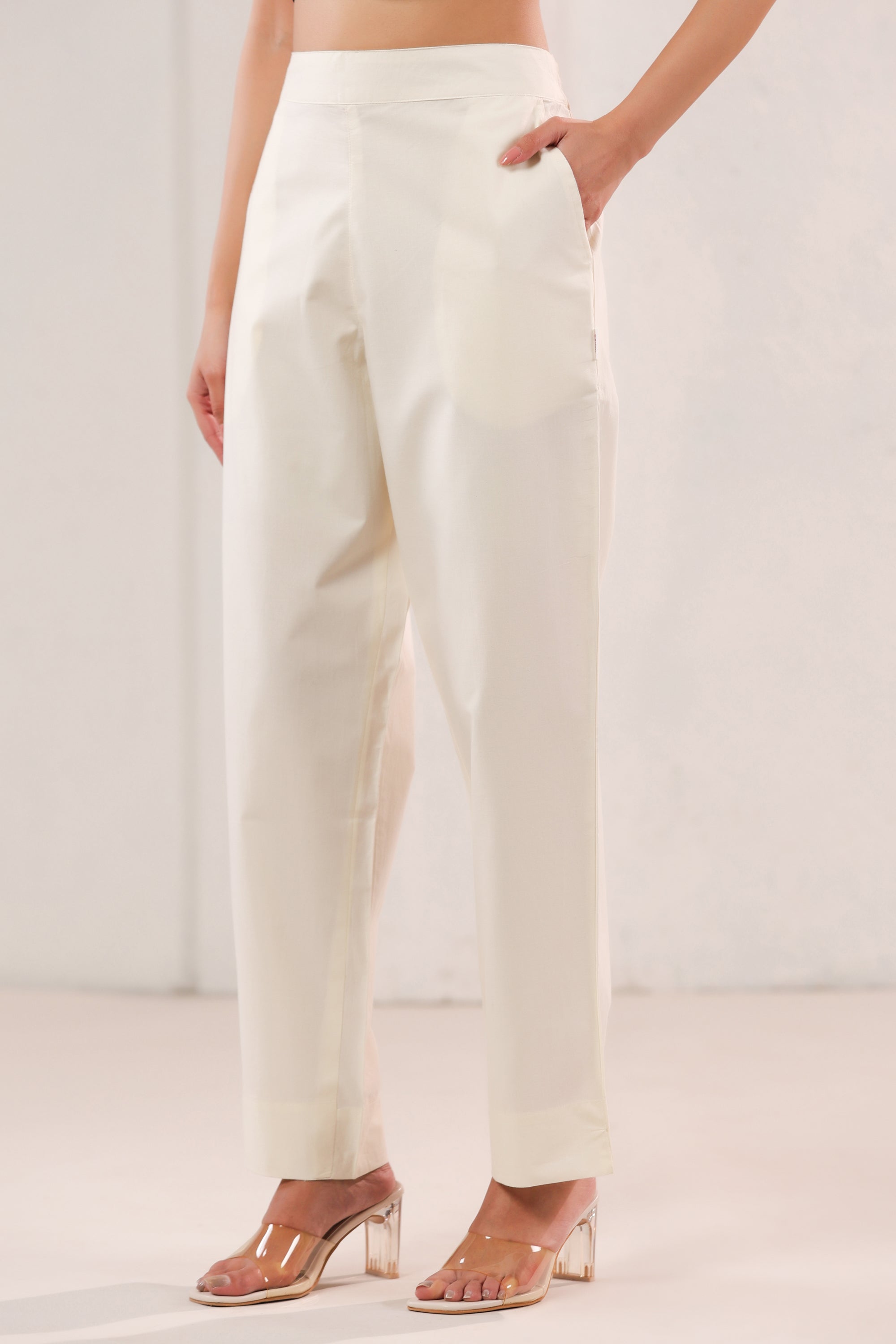 Solid Off-White High Waist Straight Fit Cotton Pants