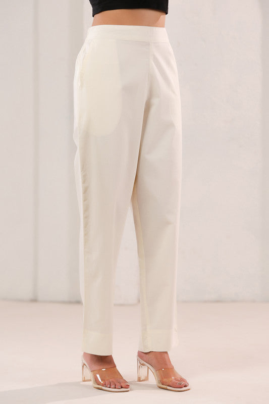 Solid Off-White High Waist Straight Fit Cotton Pants