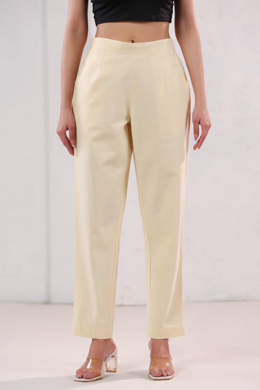Solid Cream High Waist Straight Fit Cotton Pants