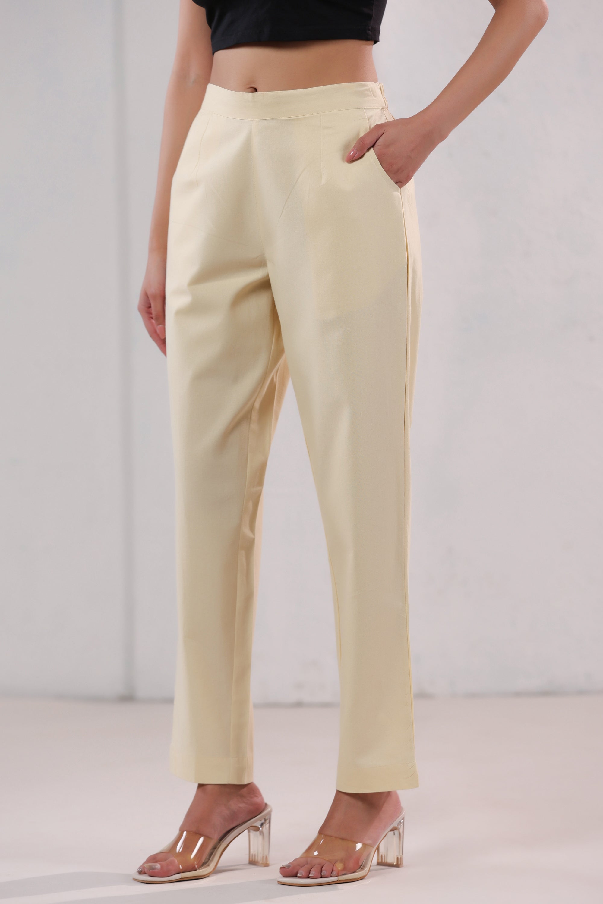 Solid Ivory Straight Fit Cotton Pants
