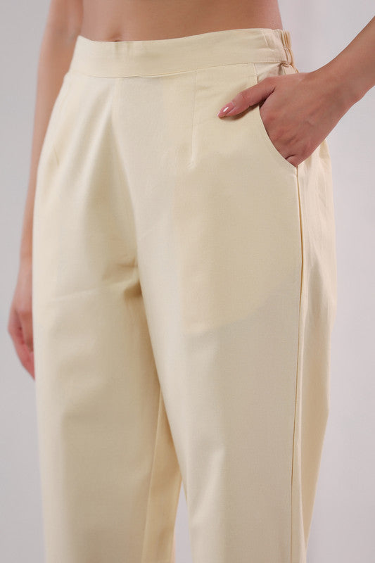 Solid Cream High Waist Straight Fit Cotton Pants