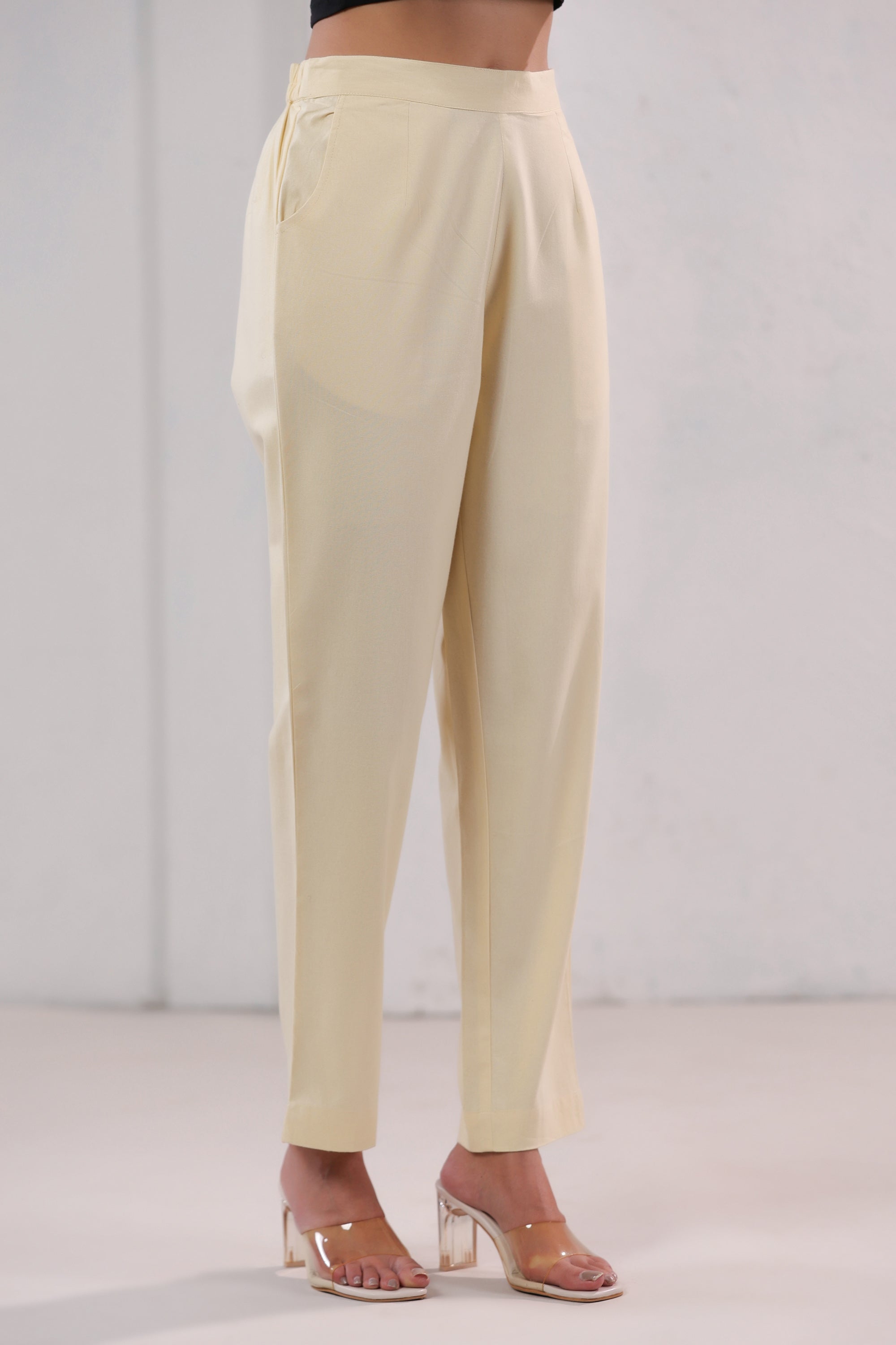 Solid Ivory Straight Fit Cotton Pants