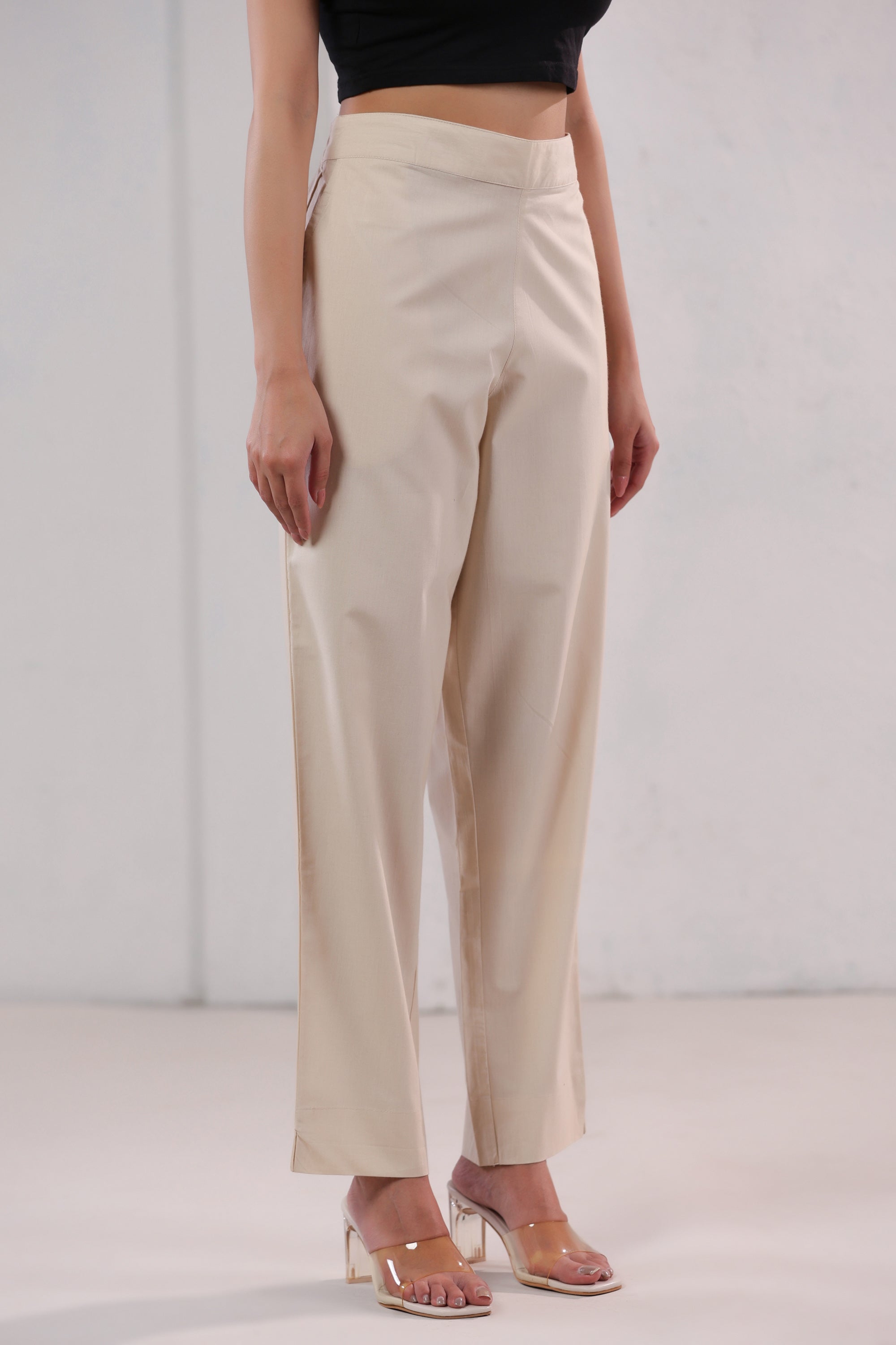 Minimal Solid Beige Office Wear Straight Cotton Pants