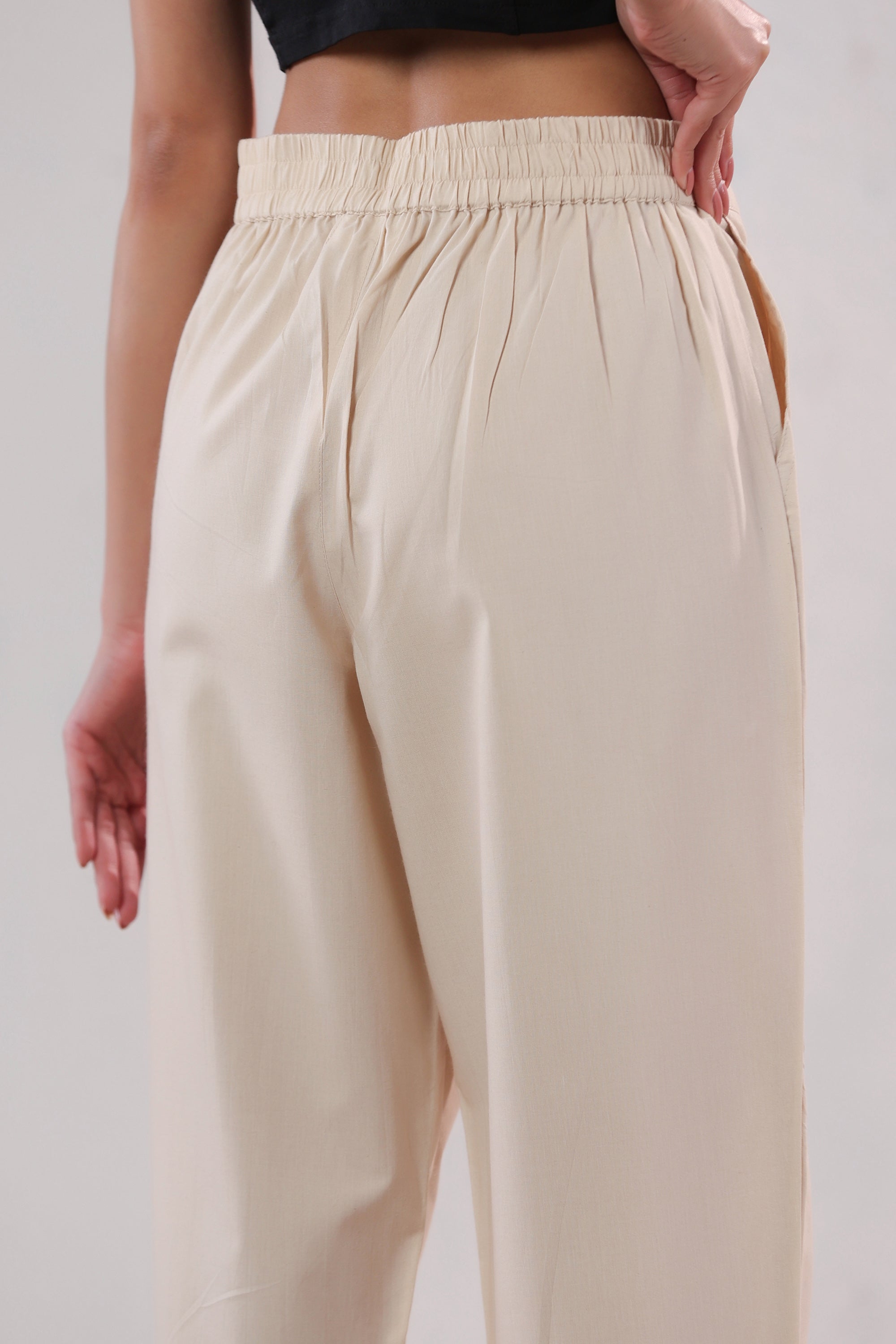 Minimal Solid Beige Office Wear Straight Cotton Pants