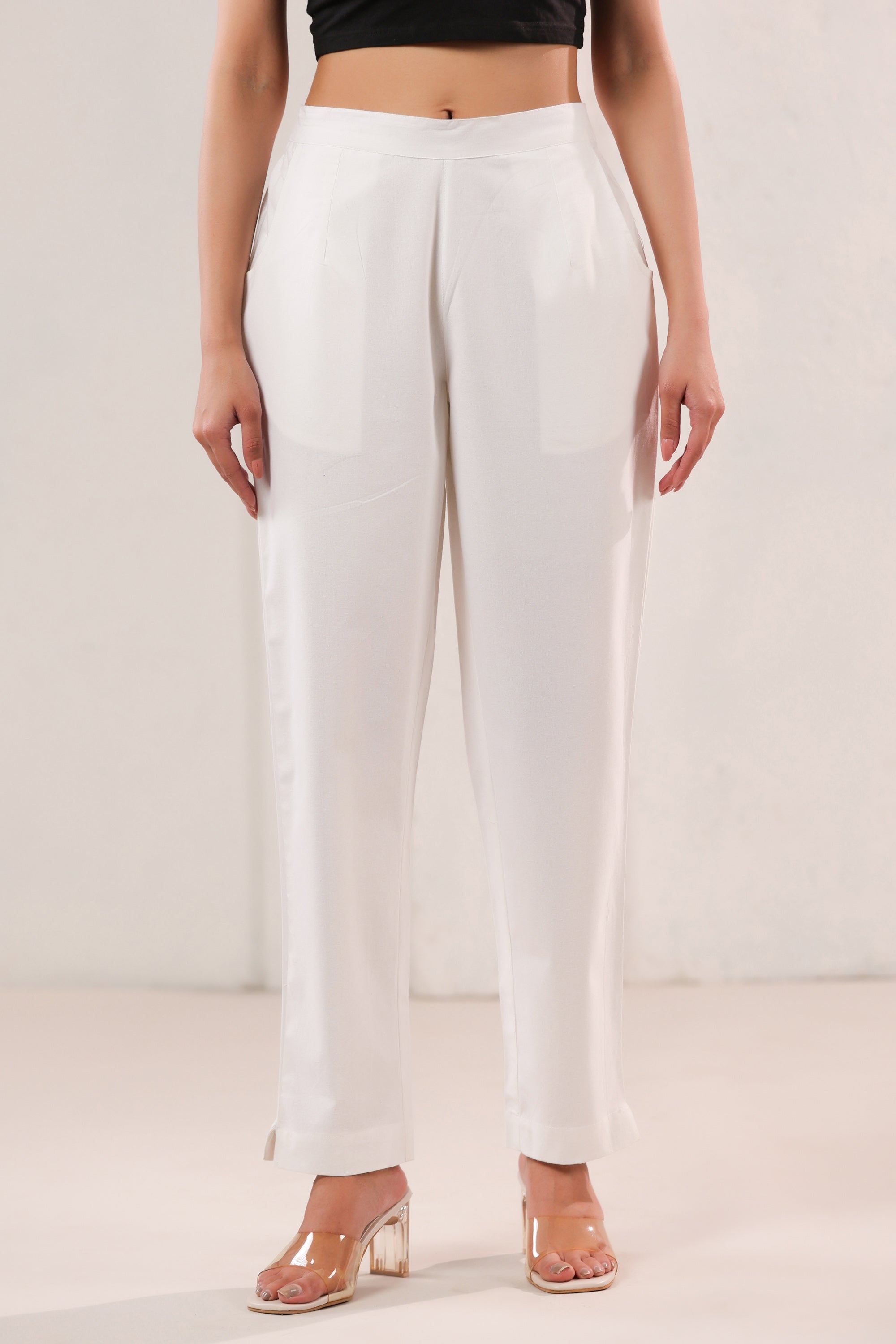 Solid White Straight Fit & Ankle Length Cotton Pants
