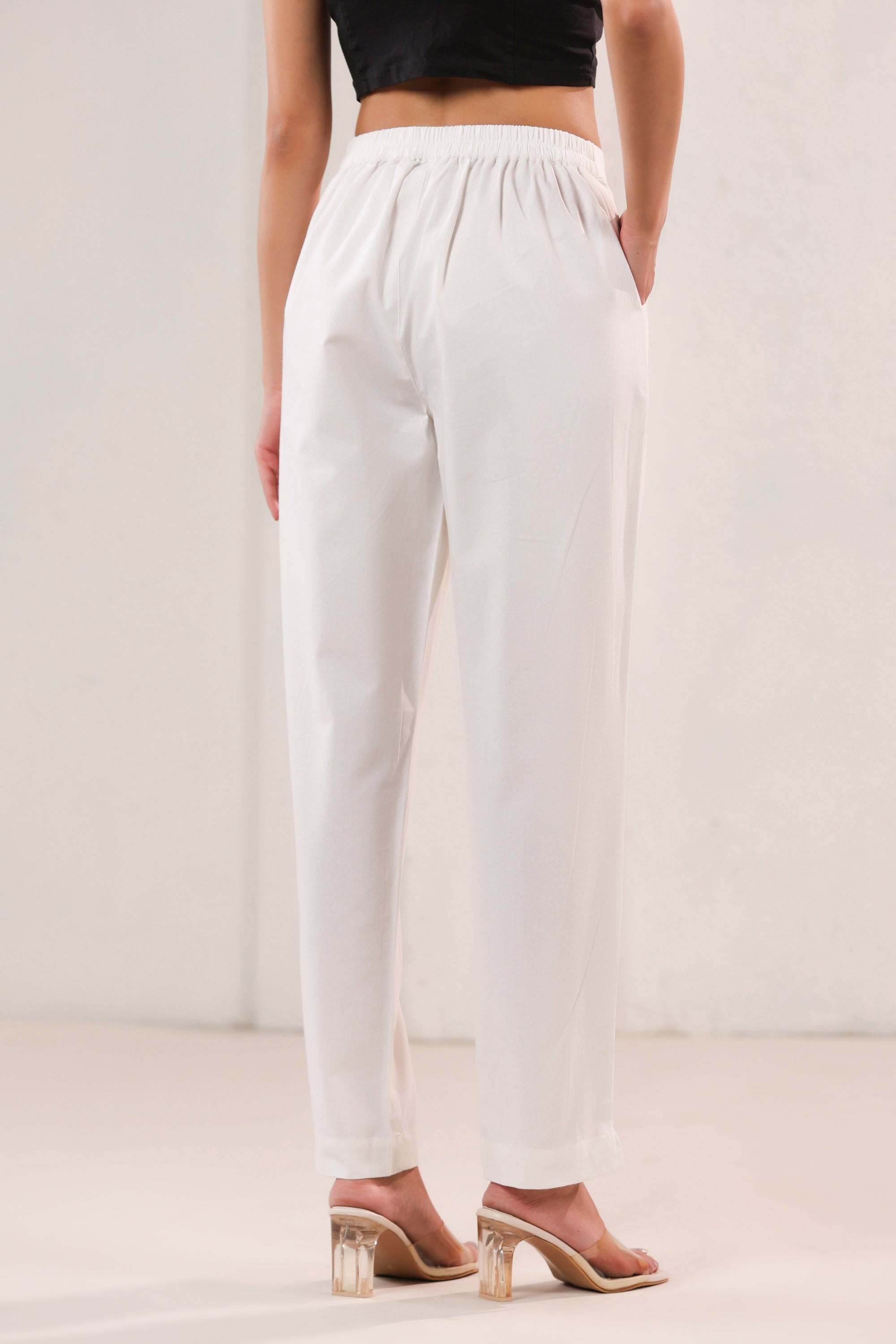 Solid White Straight Fit & Ankle Length Cotton Pants
