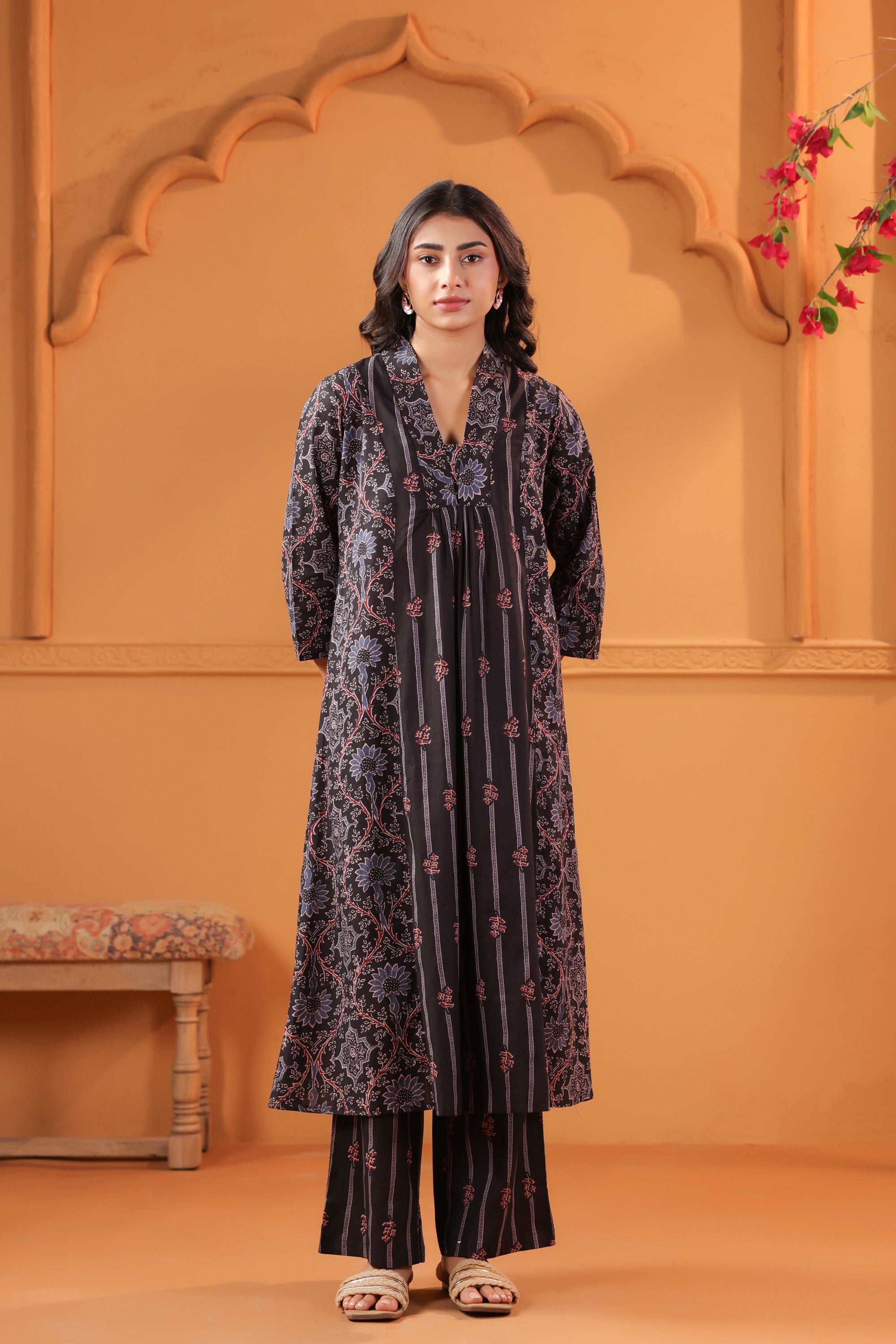 Black Classic Ajrakh Inspired Printed Cotton Kurta Set
