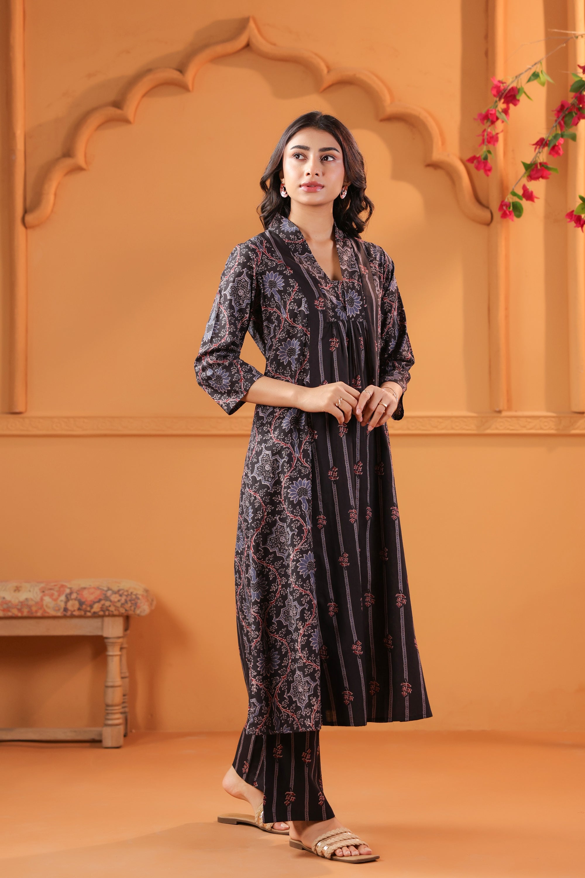 Black Classic Ajrakh Inspired Printed Cotton Kurta Set