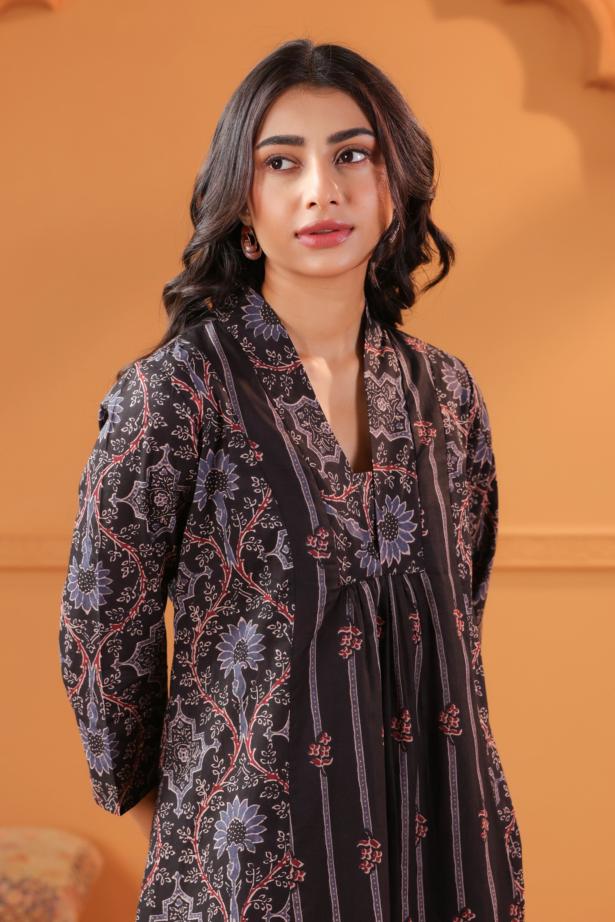 Black Classic Ajrakh Inspired Printed Cotton Kurta Set