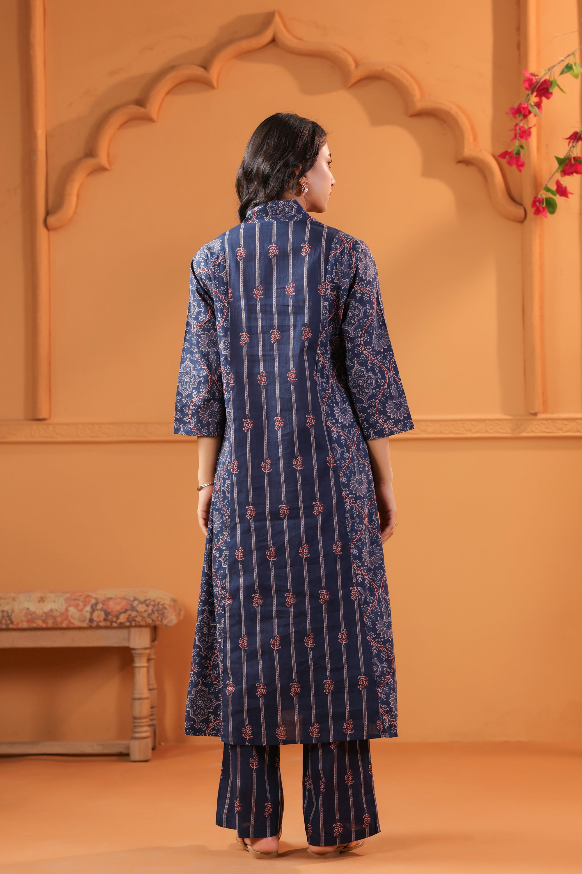 Blue Floral & Stripe Inspired Panelled Printed Cotton Kurta Set