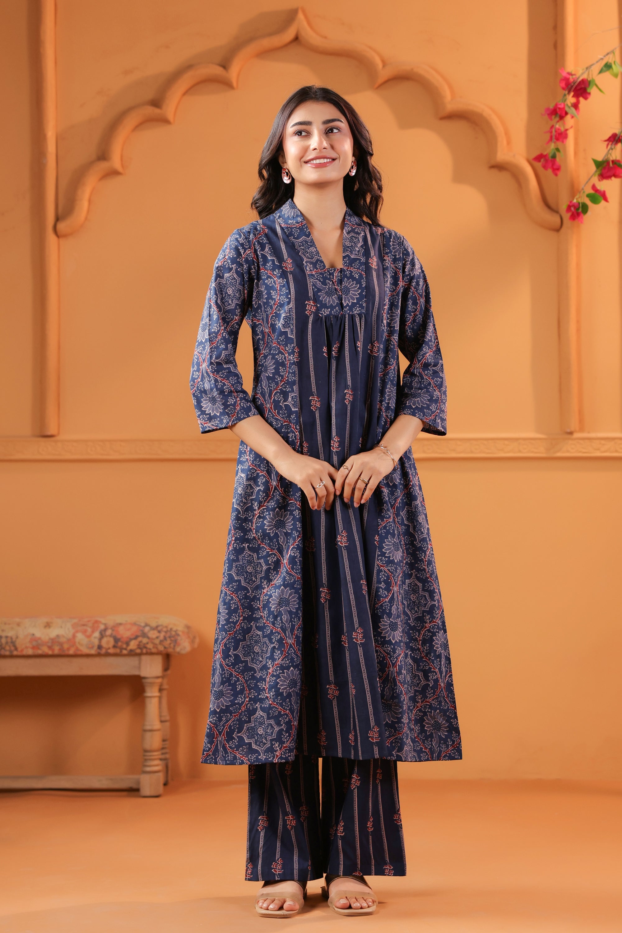 Blue Floral & Stripe Inspired Panelled Printed Cotton Kurta Set