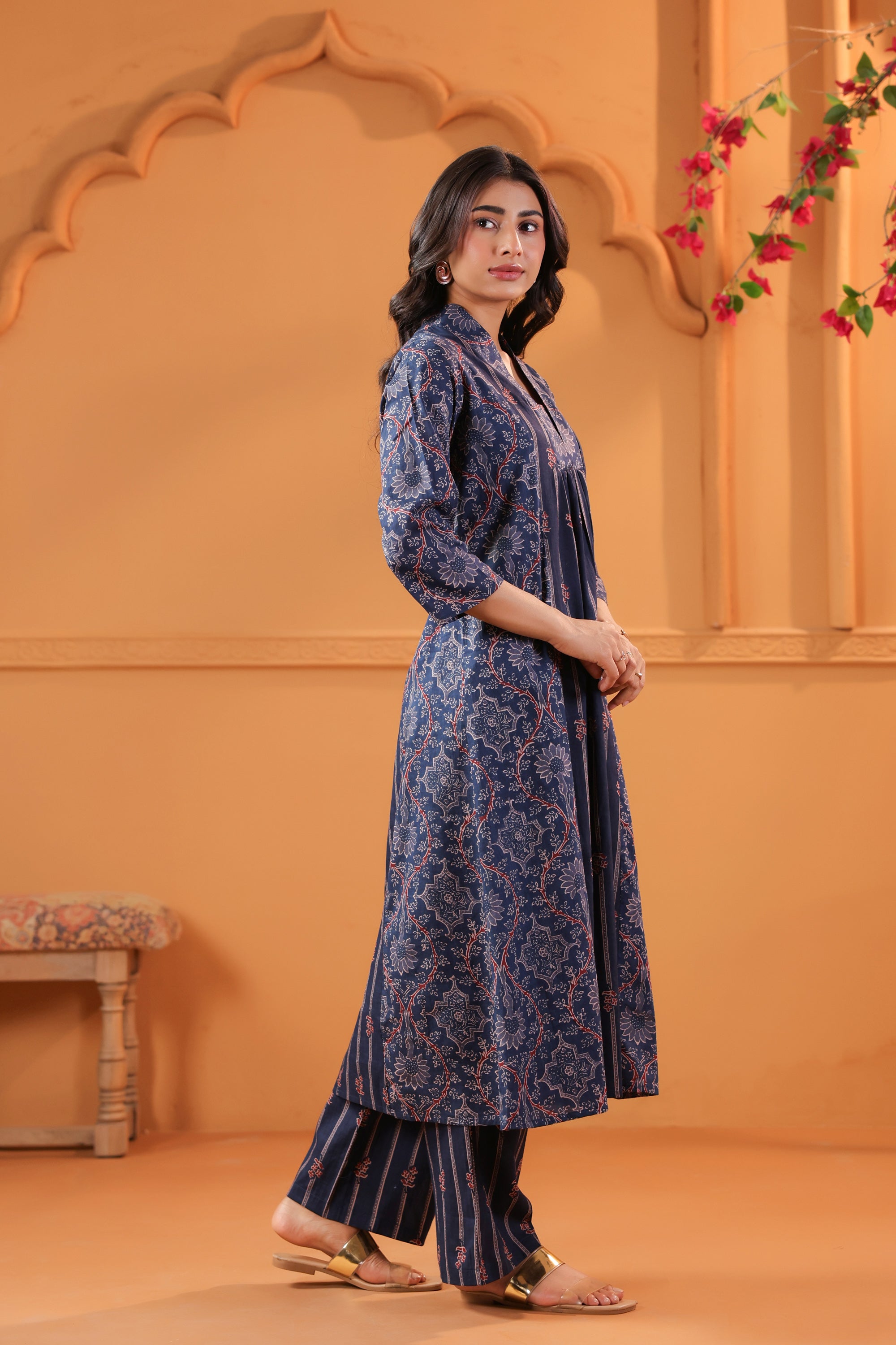 Blue Floral & Stripe Inspired Panelled Printed Cotton Kurta Set