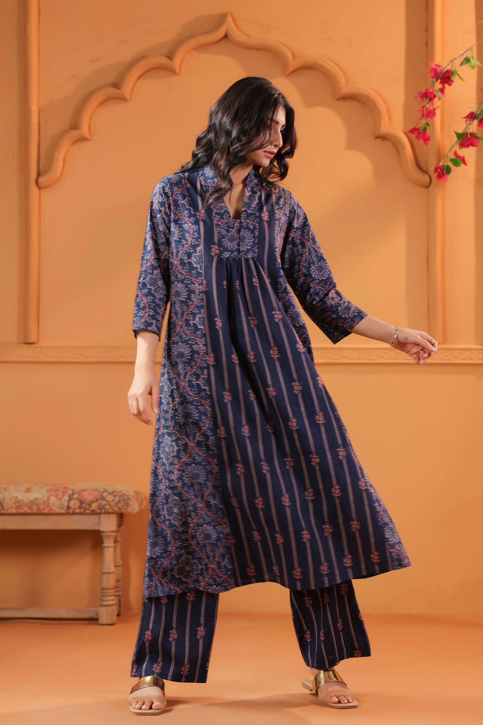 Blue Floral & Stripe Inspired Panelled Printed Cotton Kurta Set