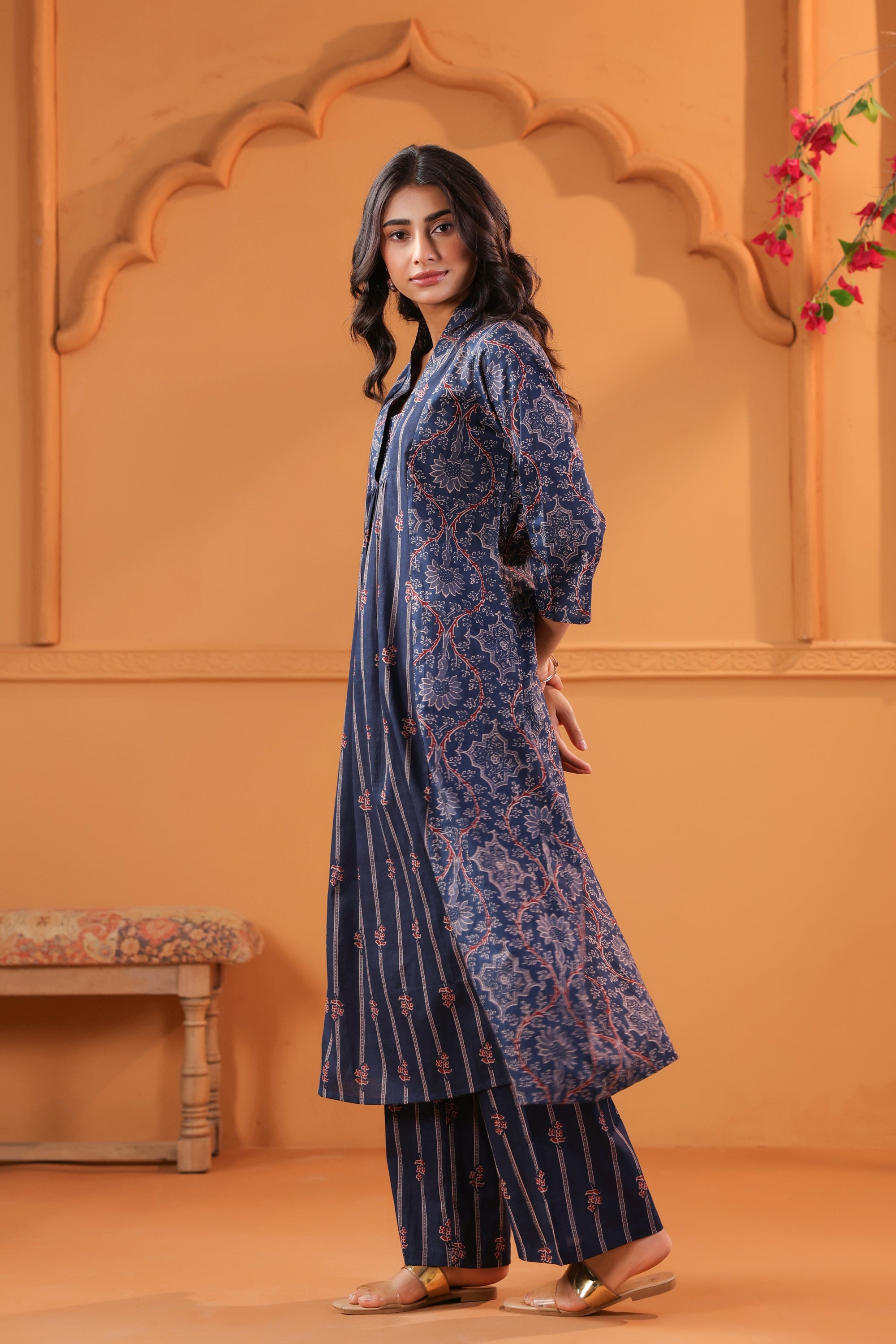 Blue Floral & Stripe Inspired Panelled Printed Cotton Kurta Set