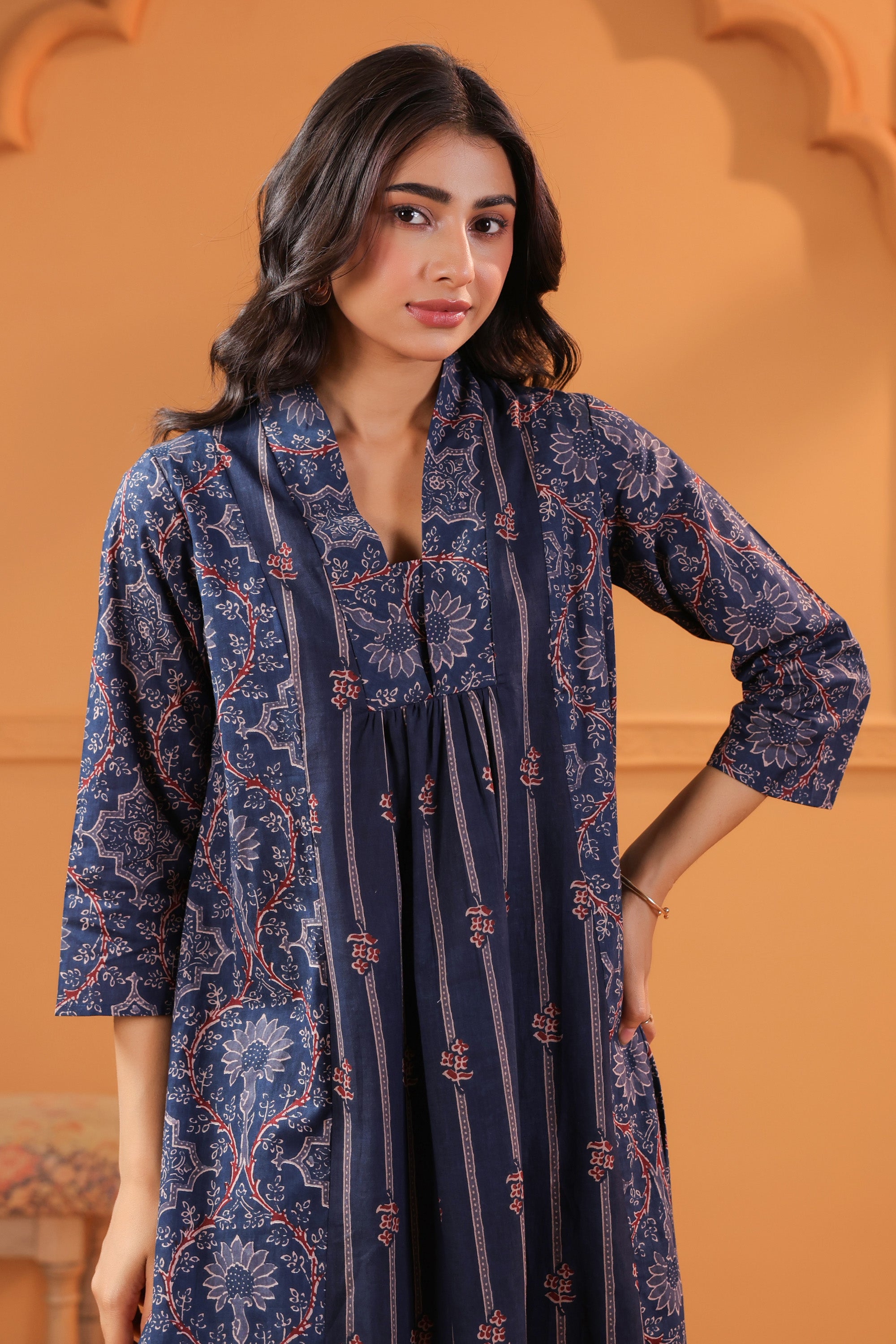 Blue Floral & Stripe Inspired Panelled Printed Cotton Kurta Set