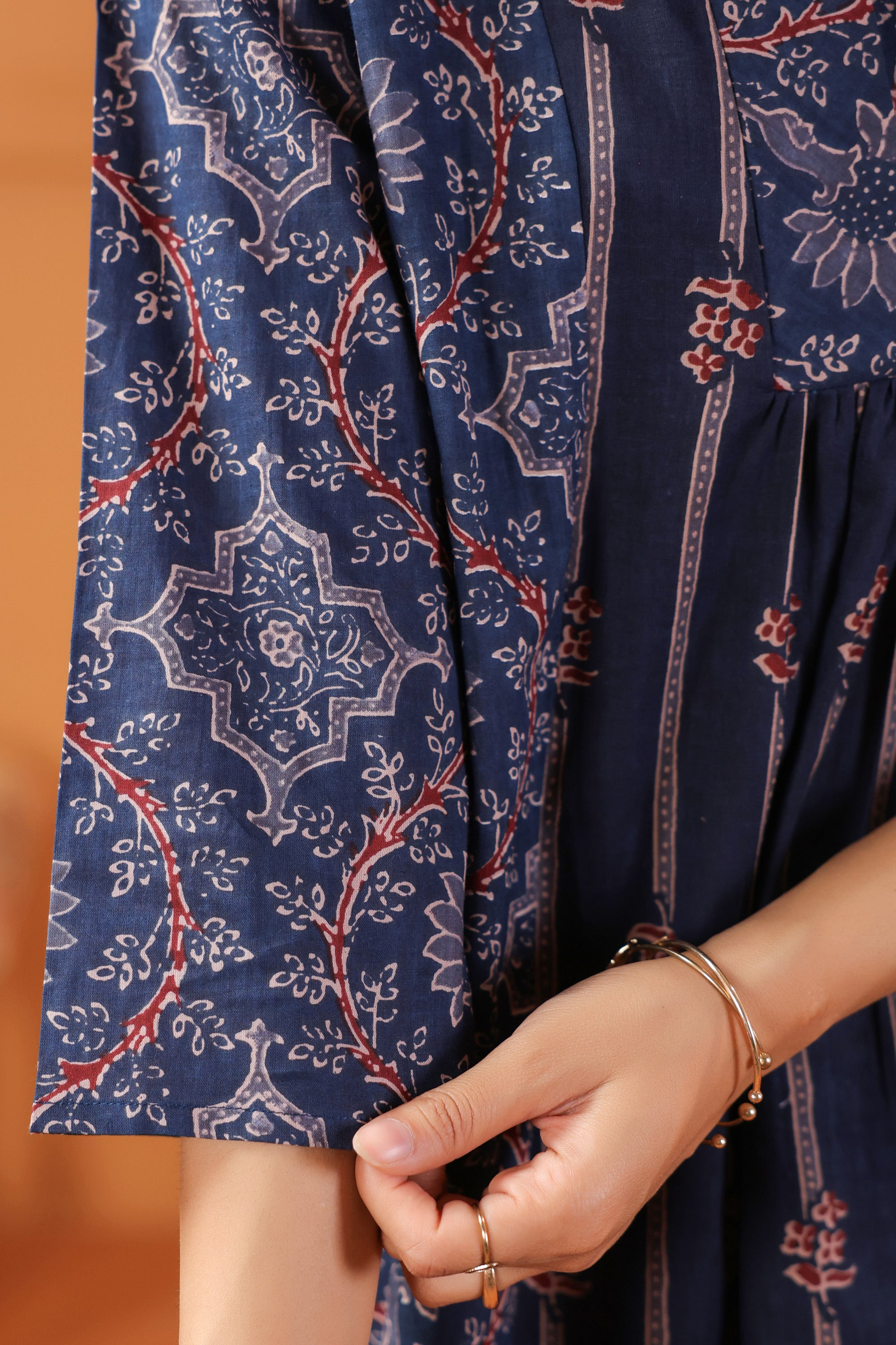Blue Floral & Stripe Inspired Panelled Printed Cotton Kurta Set
