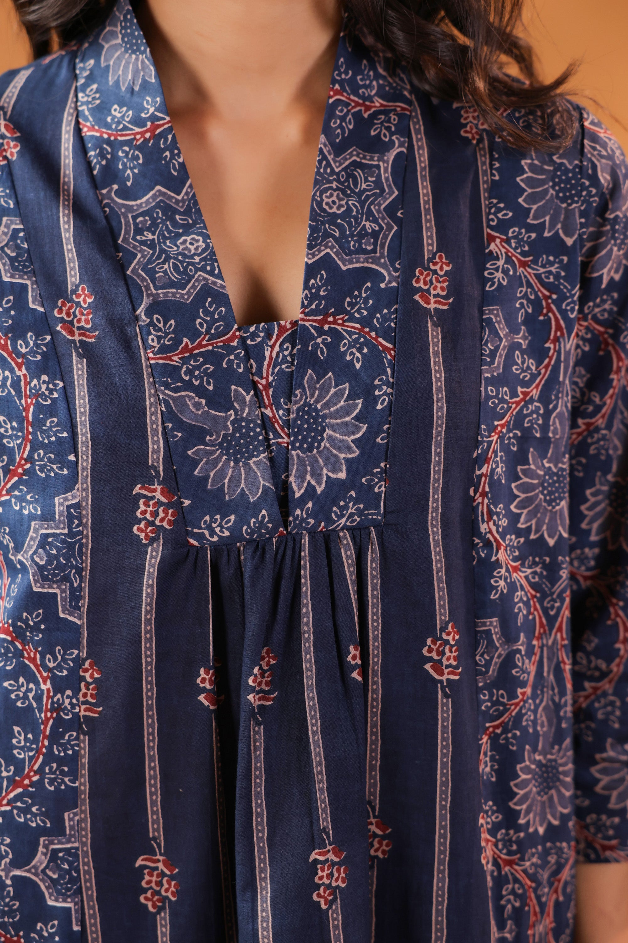 Blue Floral & Stripe Inspired Panelled Printed Cotton Kurta Set