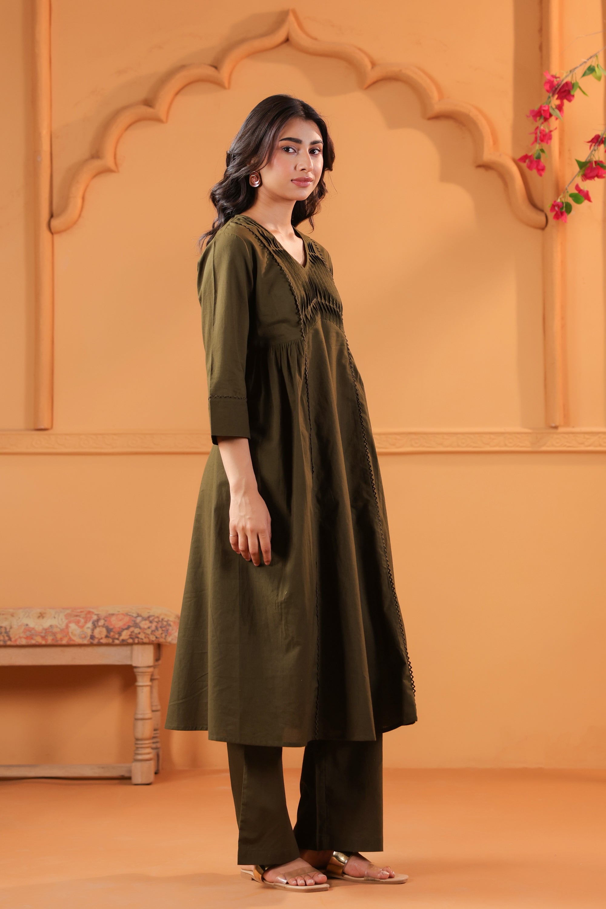 Olive Solid Cotton Minimal Pleated A-Line Kurta Set