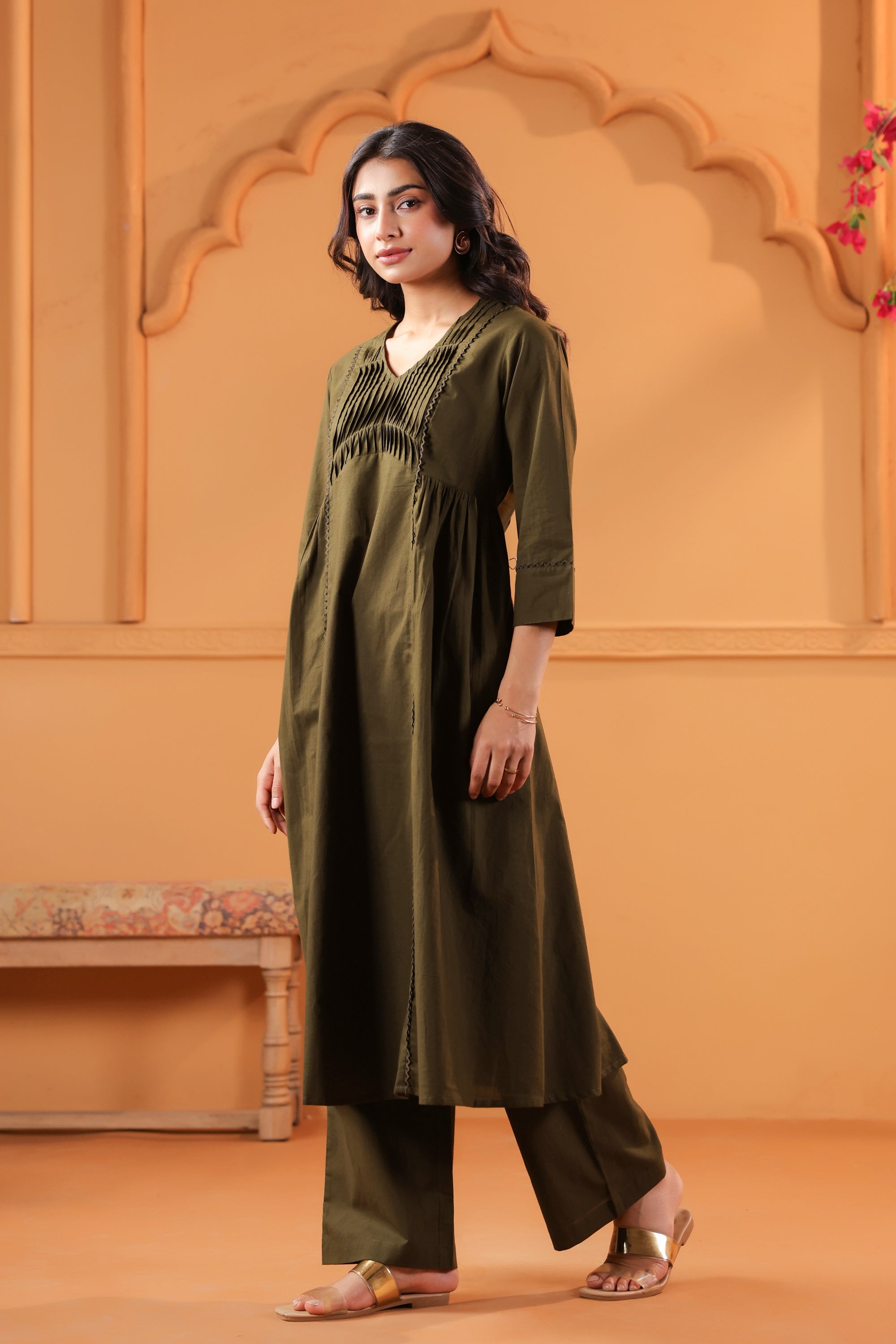 Olive Solid Cotton Minimal Pleated A-Line Kurta Set