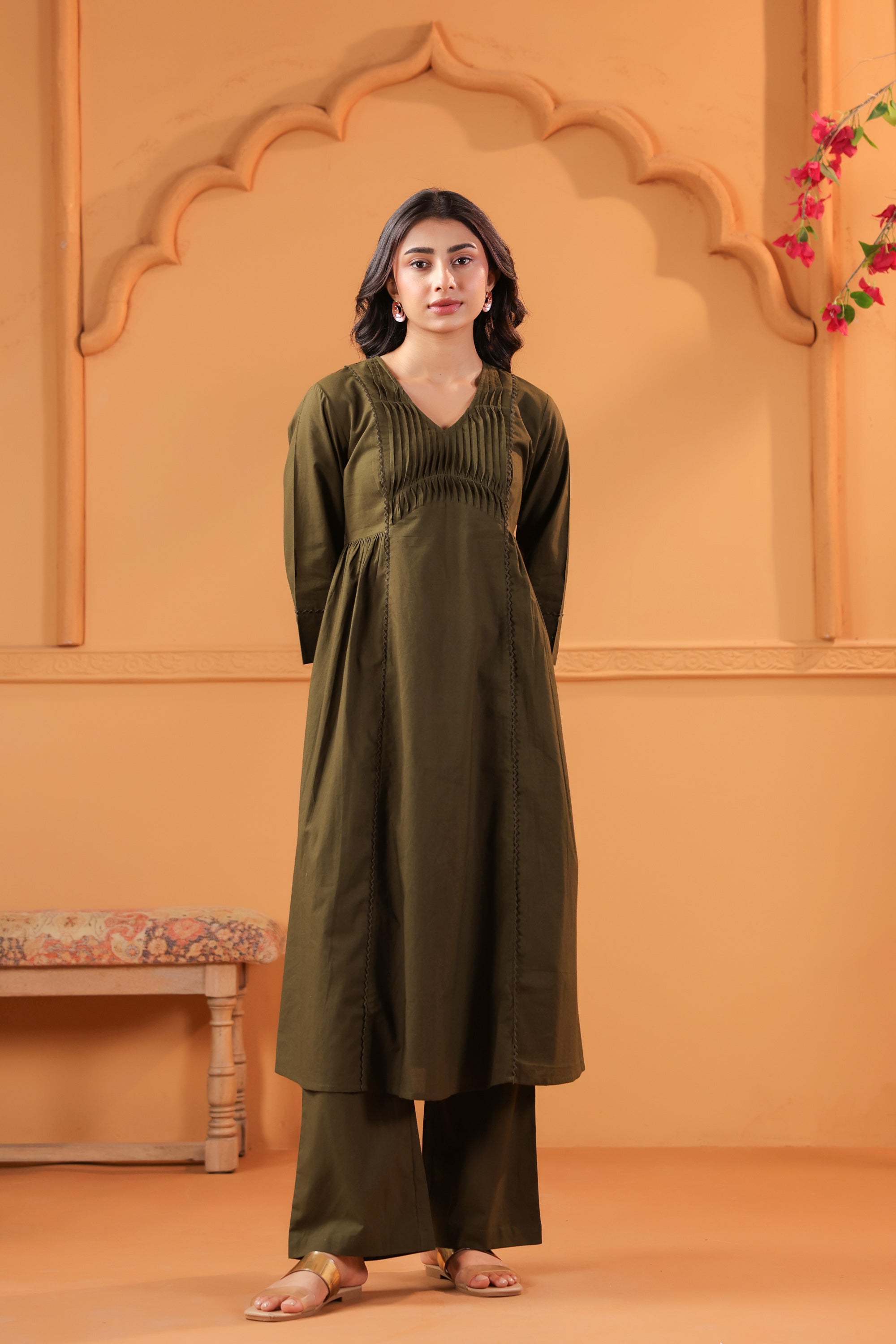 Olive Solid Cotton Minimal Pleated A-Line Kurta Set