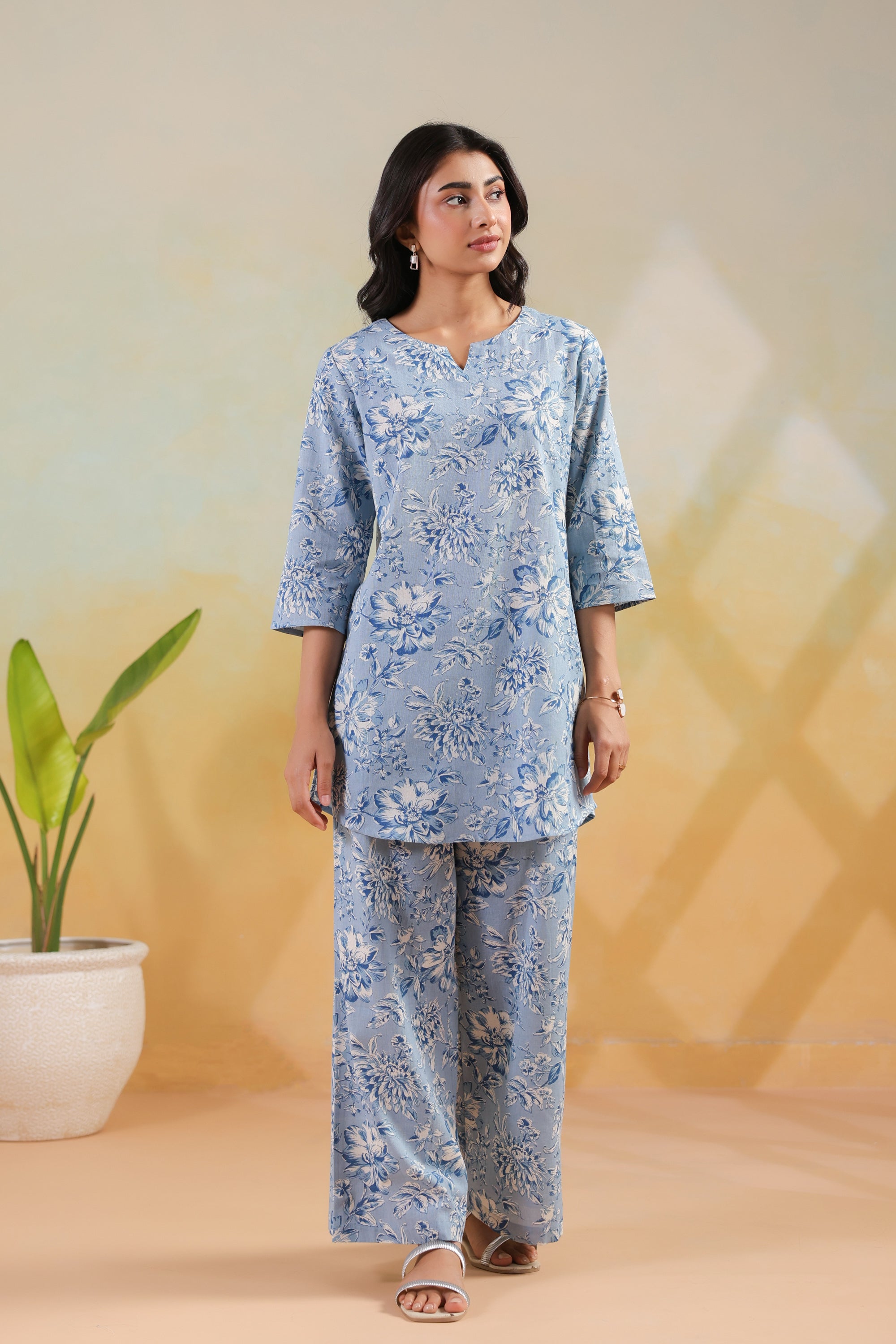 Blue Bloom Printed Cotton Flex Straight Fit Co-ord Set