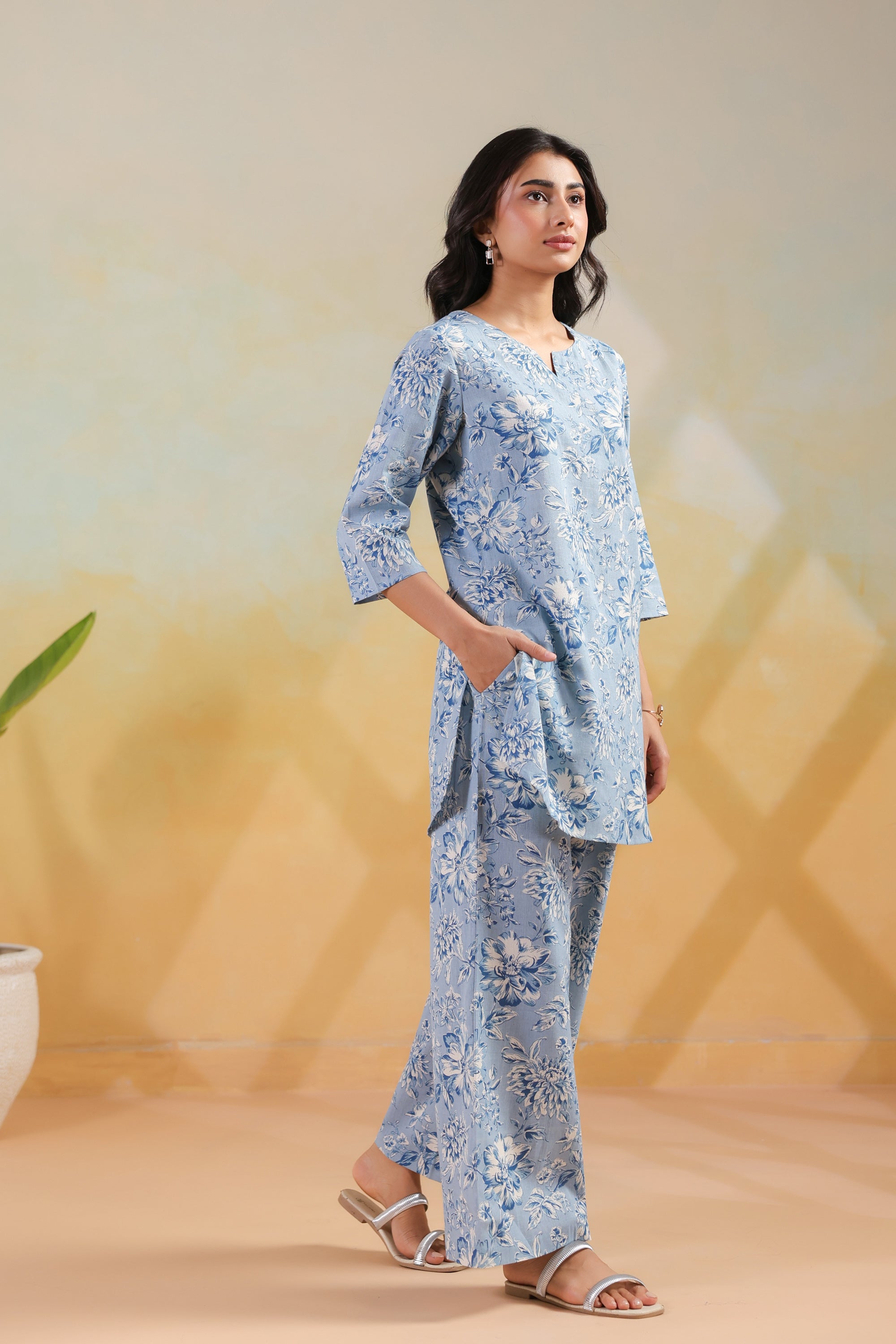 Blue Bloom Printed Cotton Flex Straight Fit Co-ord Set