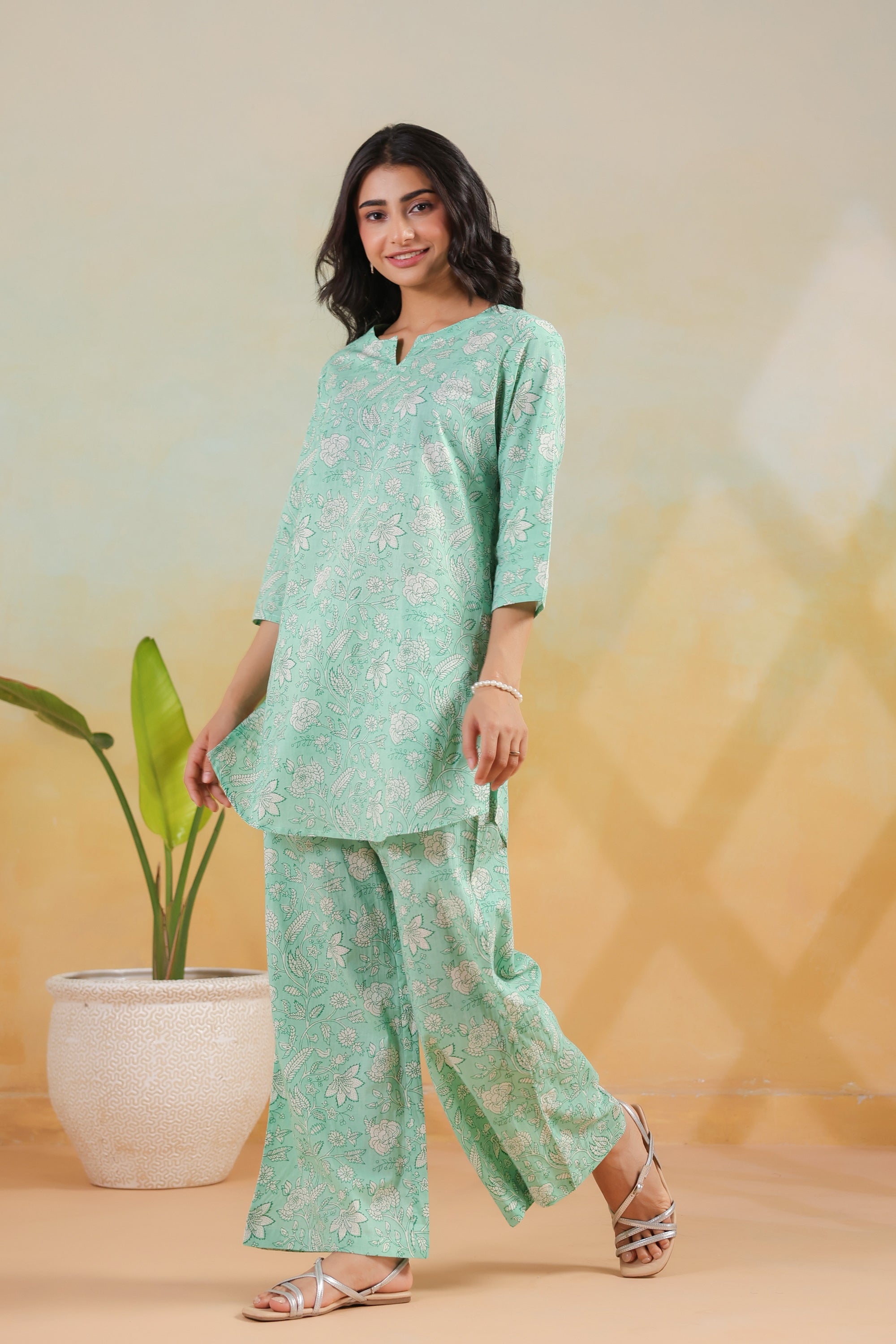 Green Botanical Printed Cotton Casual Co-ord Set