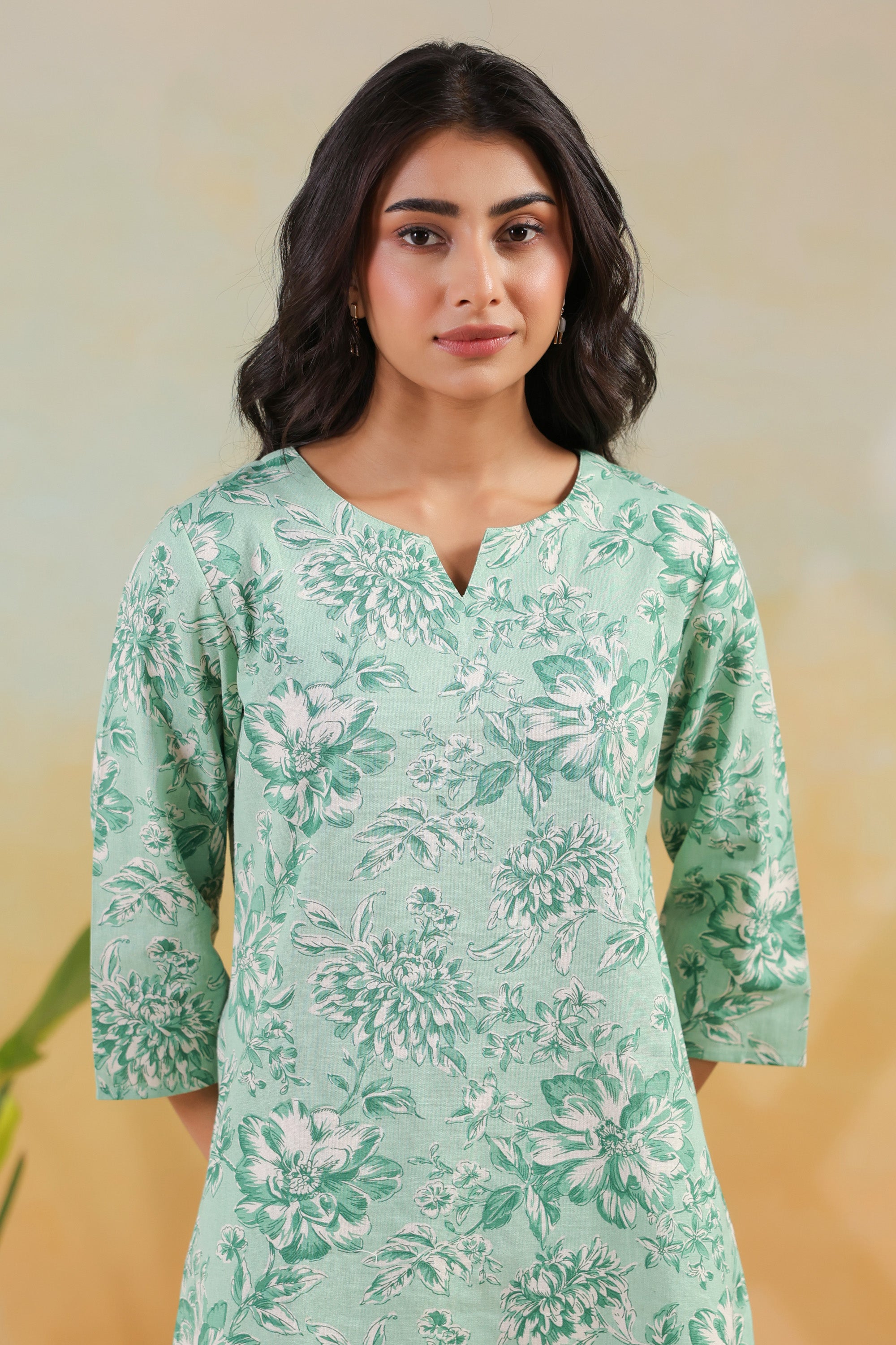 Green Floral Printed Cotton Flex Regular Fit Co-ord Set