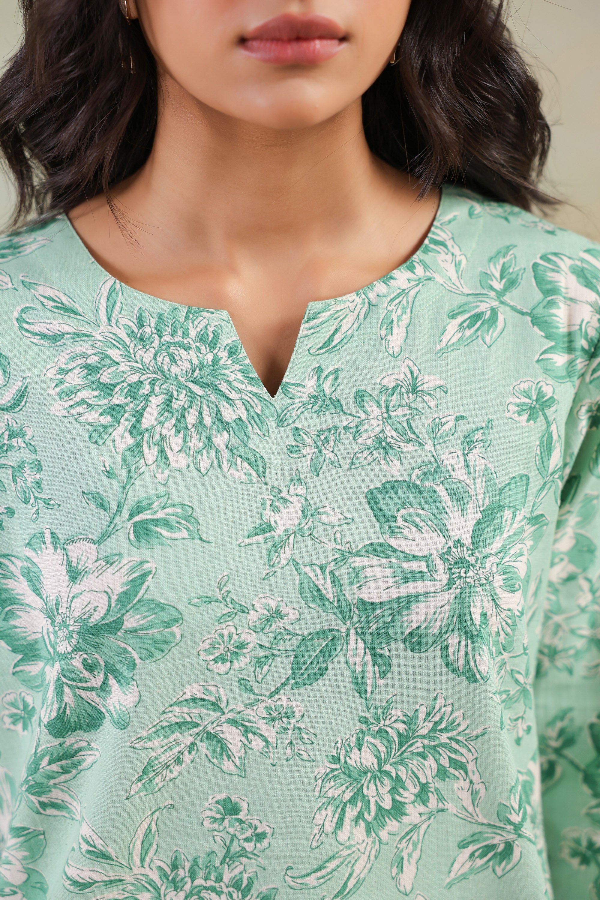 Green Floral Printed Cotton Flex Regular Fit Co-ord Set