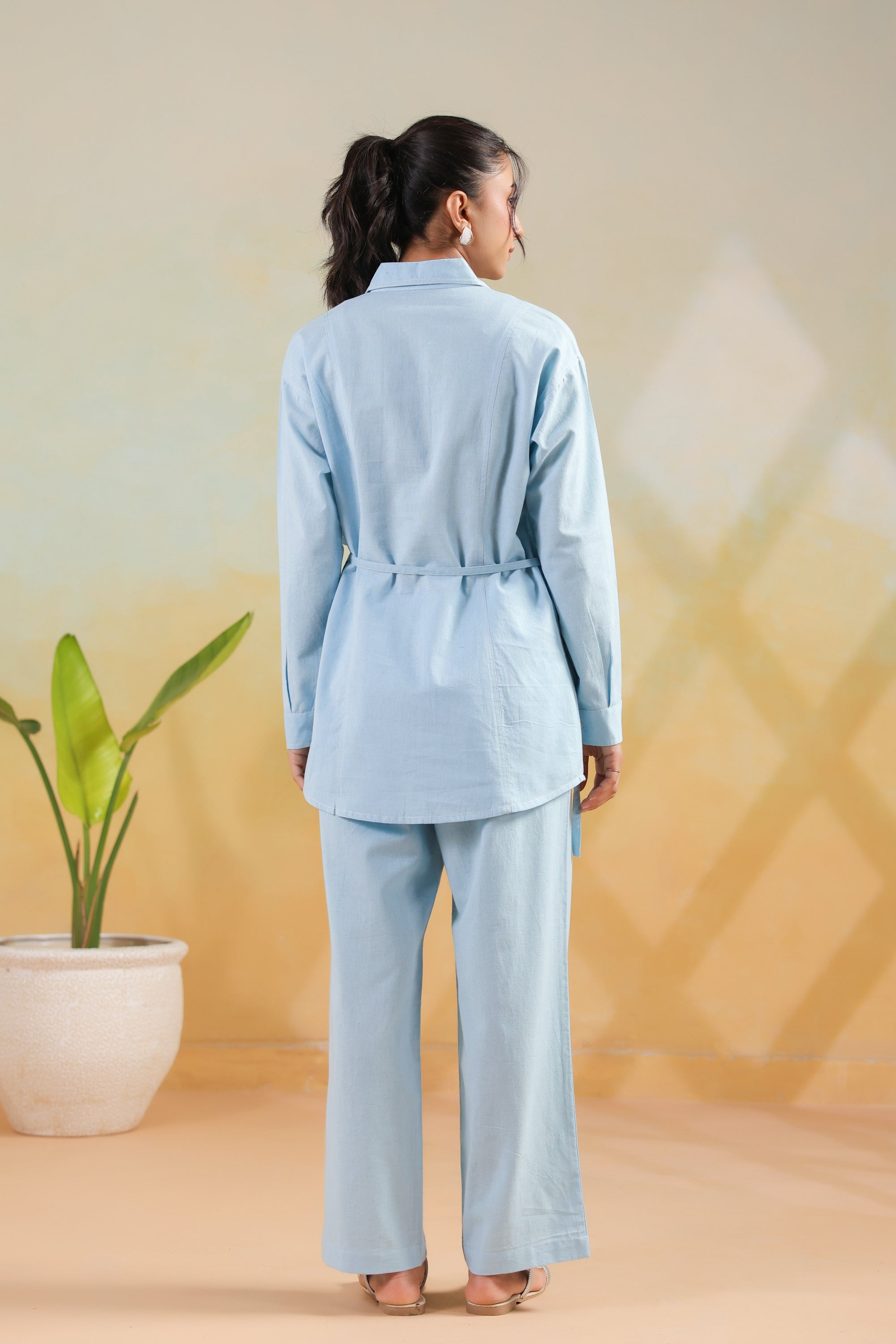 Sky Blue Solid Cotton Flex Shirt Style Waist-Tie Co-ord Set